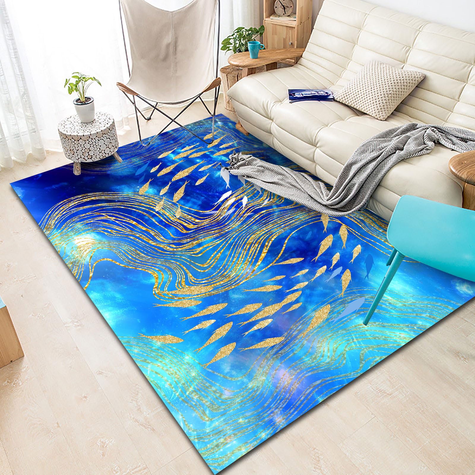 Dywanik o wymiarach 1,6 x 2 m, duży dywan, 160 x 200 cm, zmywalny, do salonu, estetyczny, akcesoria do sypialni, dywan, nowoczesny, abstrakcyjny niebieski