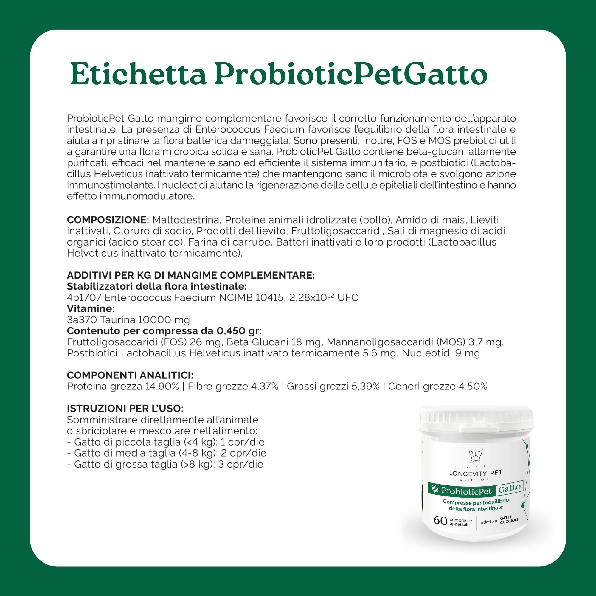 Fermentos Lácticos ProbioticPet Gato 60 CPR | Probióticos para el Equilibrio Intestinal | Suplementos para Gatos para Digestión, Heces Poco Formadas, Salud Intestinal | Longevity Pet