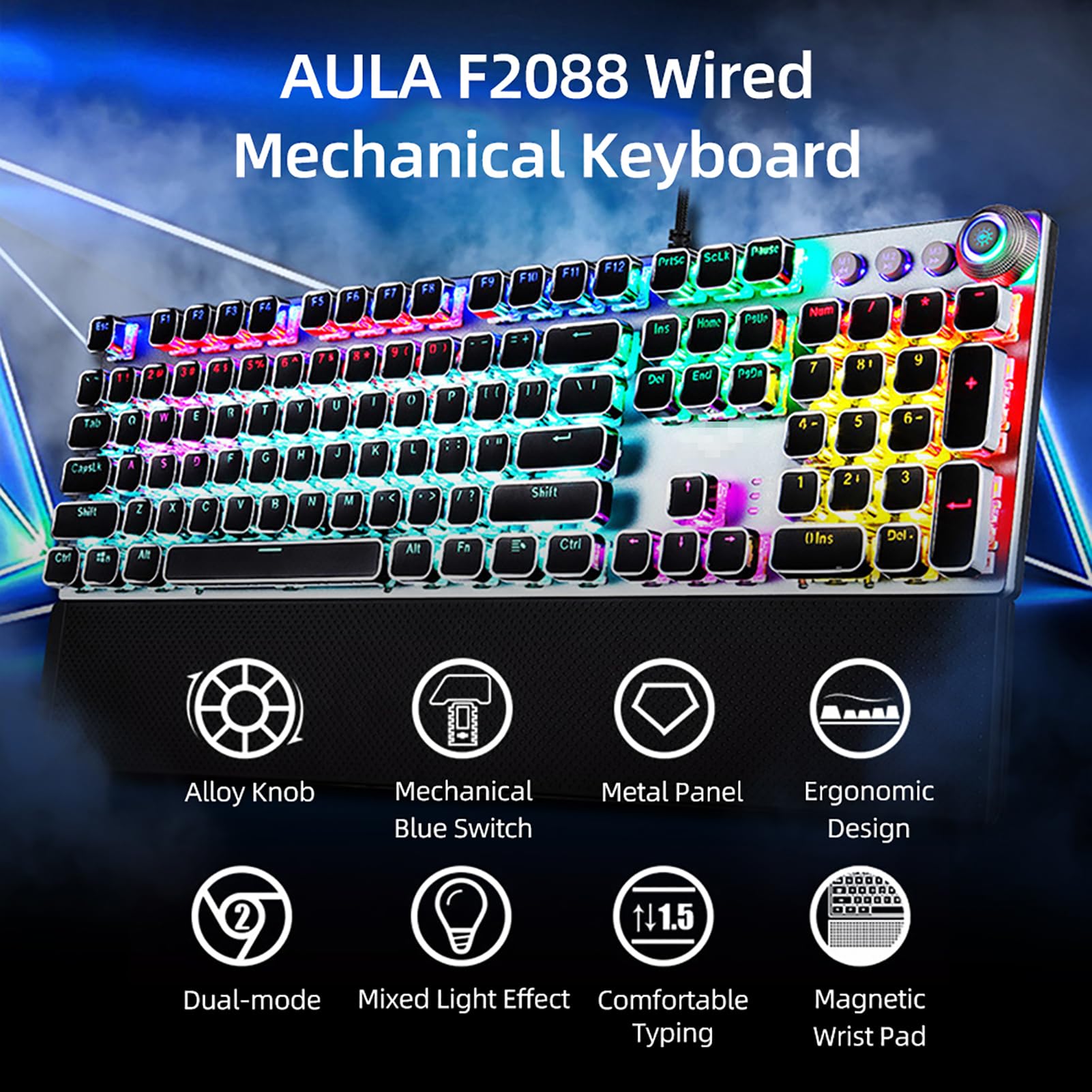 HUIOP F2088 104 klawisze przewodowe do gier mechanicznych punk okrągła klawiatura efekt świetlny mieszany metalowy panel z białą podpórką na nadgarstek (niebieskie przełączniki), przewodowa klawiatura
