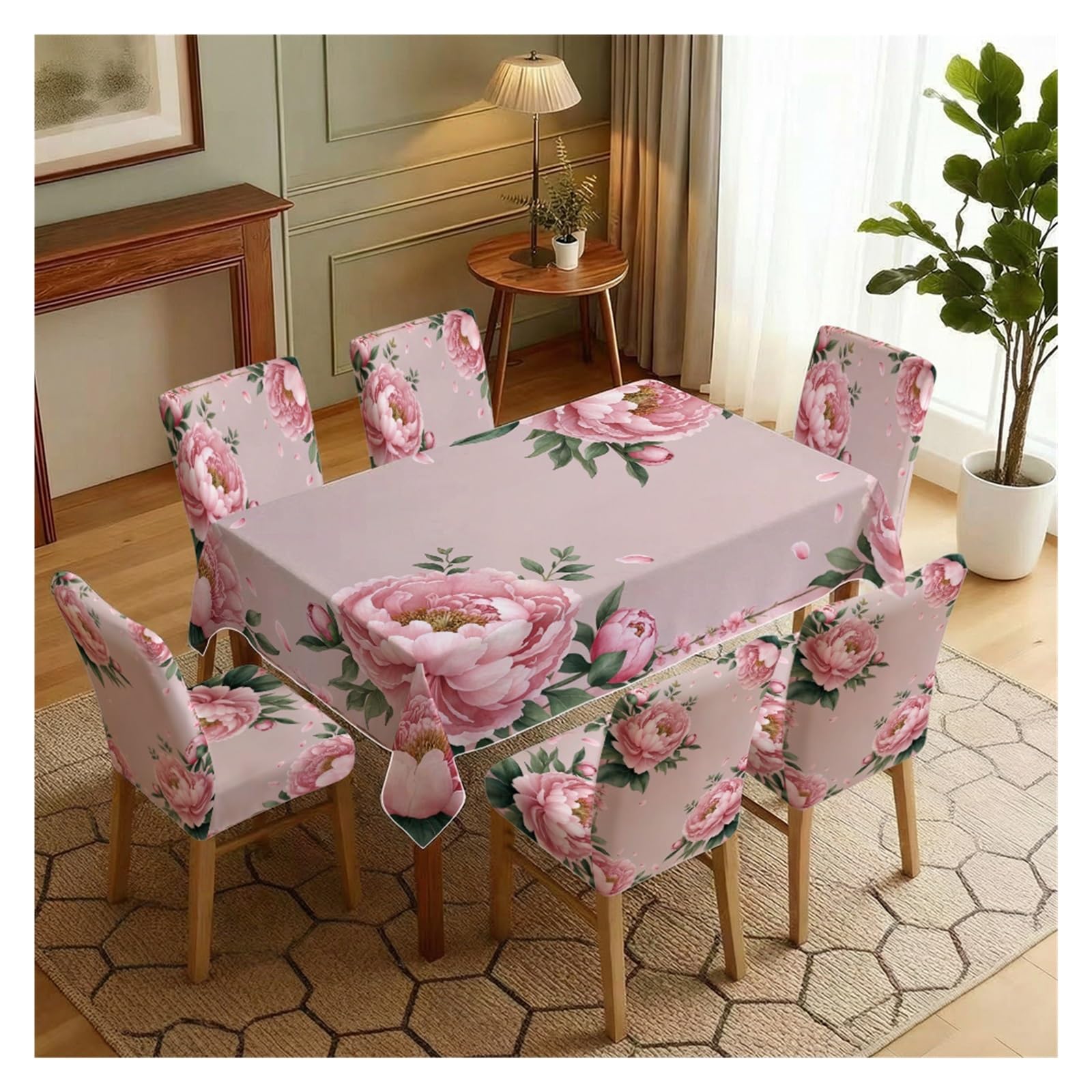 BOSUYBN Stretch Dining Chair Slipcover & Tablecloth Set, Light Pink Peony Floral Print, 5/7 Pack, Romantic Elegant Home Decor Table Setting(7pcs Set: Tablecloth+Chair Covers)