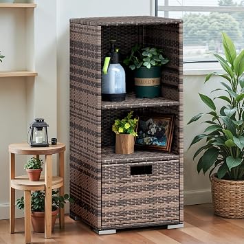 Devoko Outdoor Pool Towel Rack Patio Waterproof Rattan Wicker Storage Cabinet Shed with Shelves & Drawer (Brown)