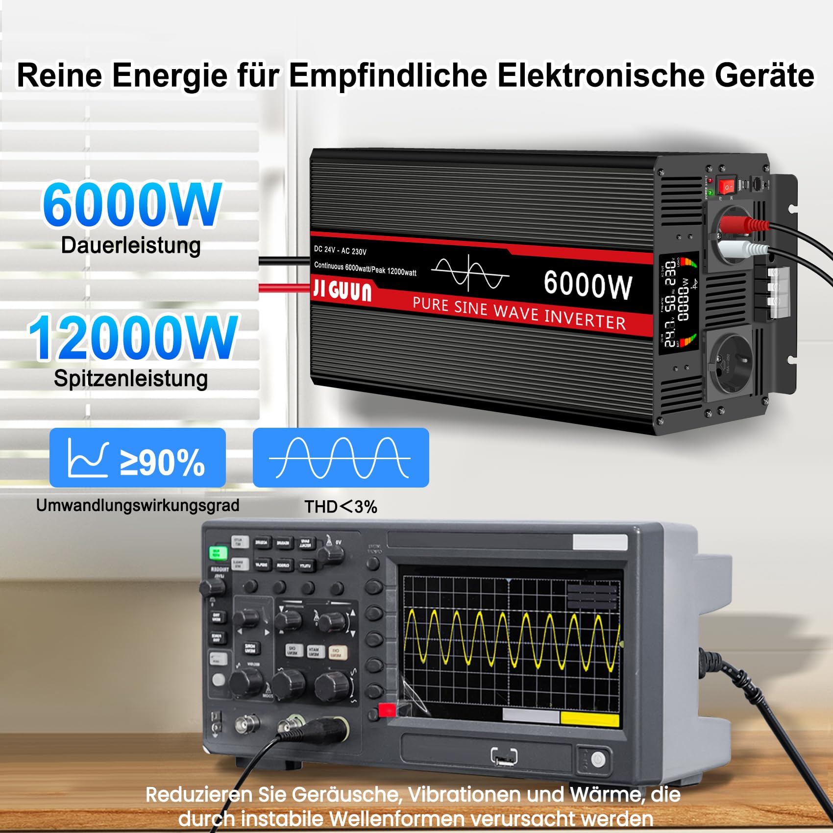 JIGUUN 6000W Wechselrichter 24V auf 230V Reiner Sinus Spannungswandler