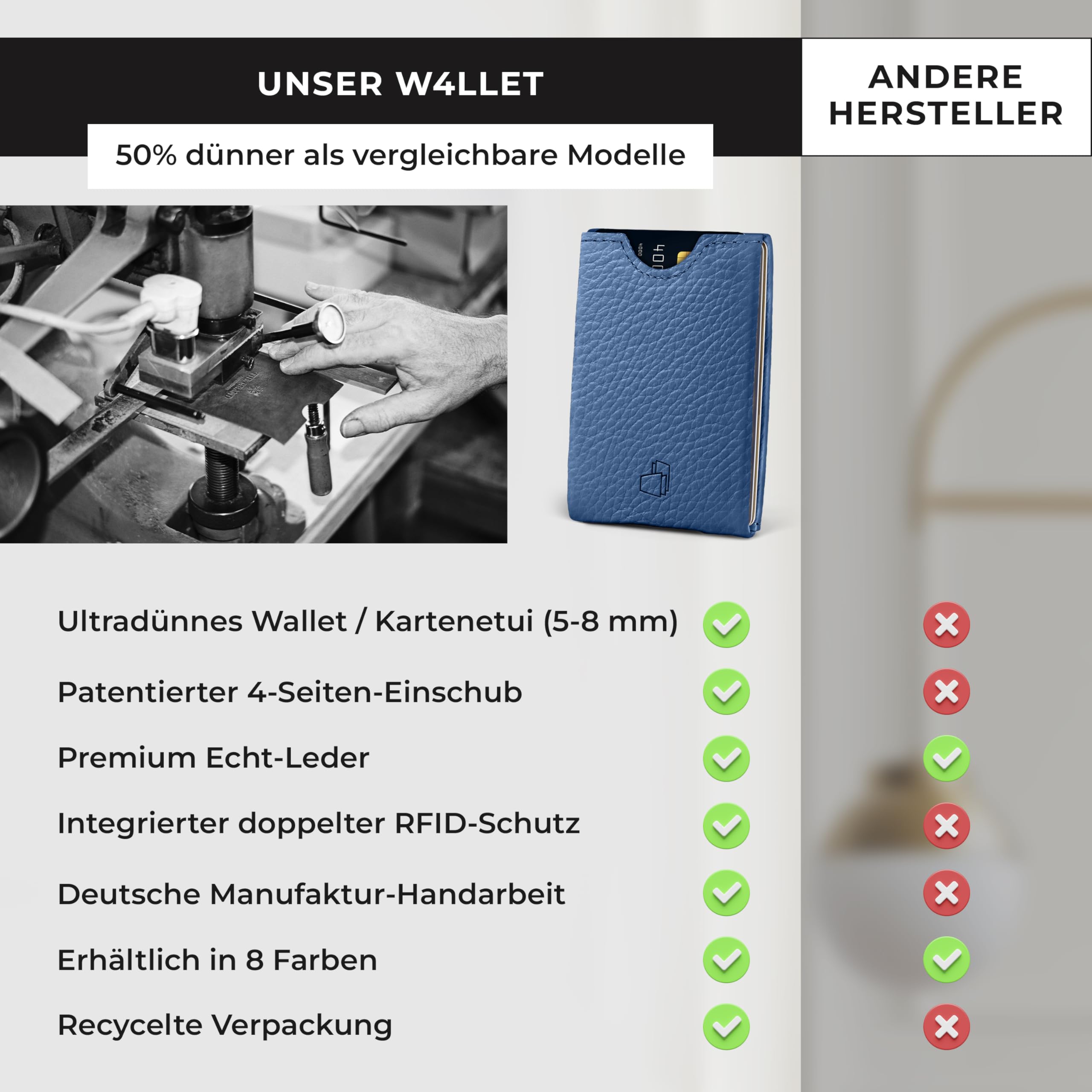 Portafoglio porta carte di credito, ultra sottile [pelle liscia e struttura] 2 x custodie per carte di credito RFID | Handmade in Germany | Porta carte di credito da uomo, porta carte di