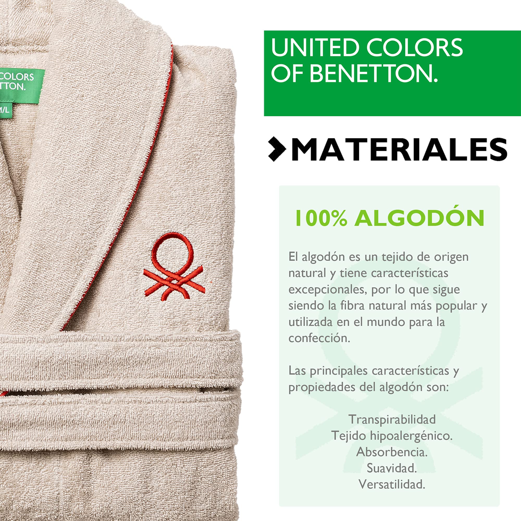 UNITED COLORS OF BENETTON. Szlafrok unisex męski lub damski 360gsm 100% bawełna, kremowy, Kremowy, L-XL