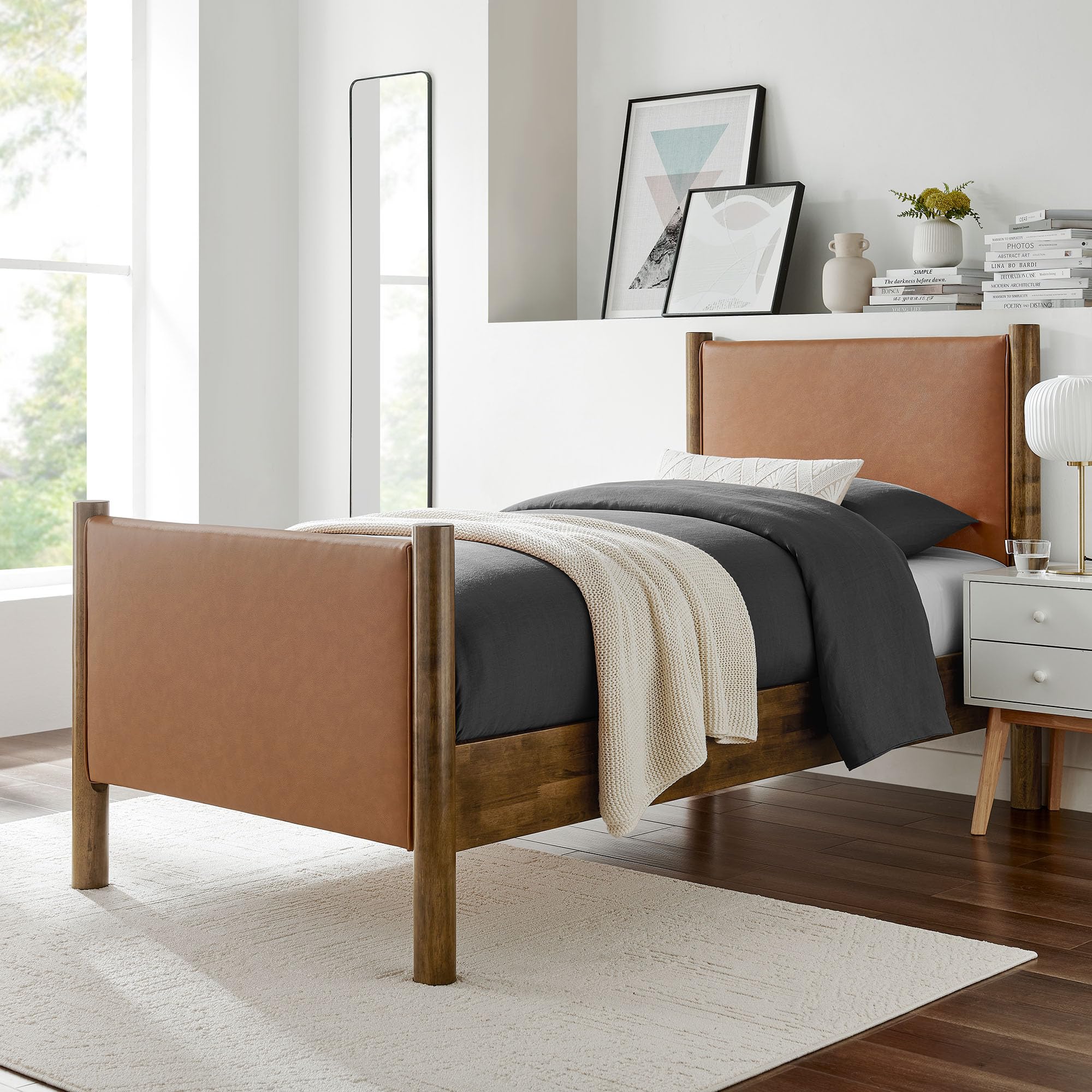 Modway Maven Twin Size Bed Frame in Tan Walnut with Faux Leather Upholstered Headboard and Footboard – Wood Twin Platform Bed Frame – No Box Spring