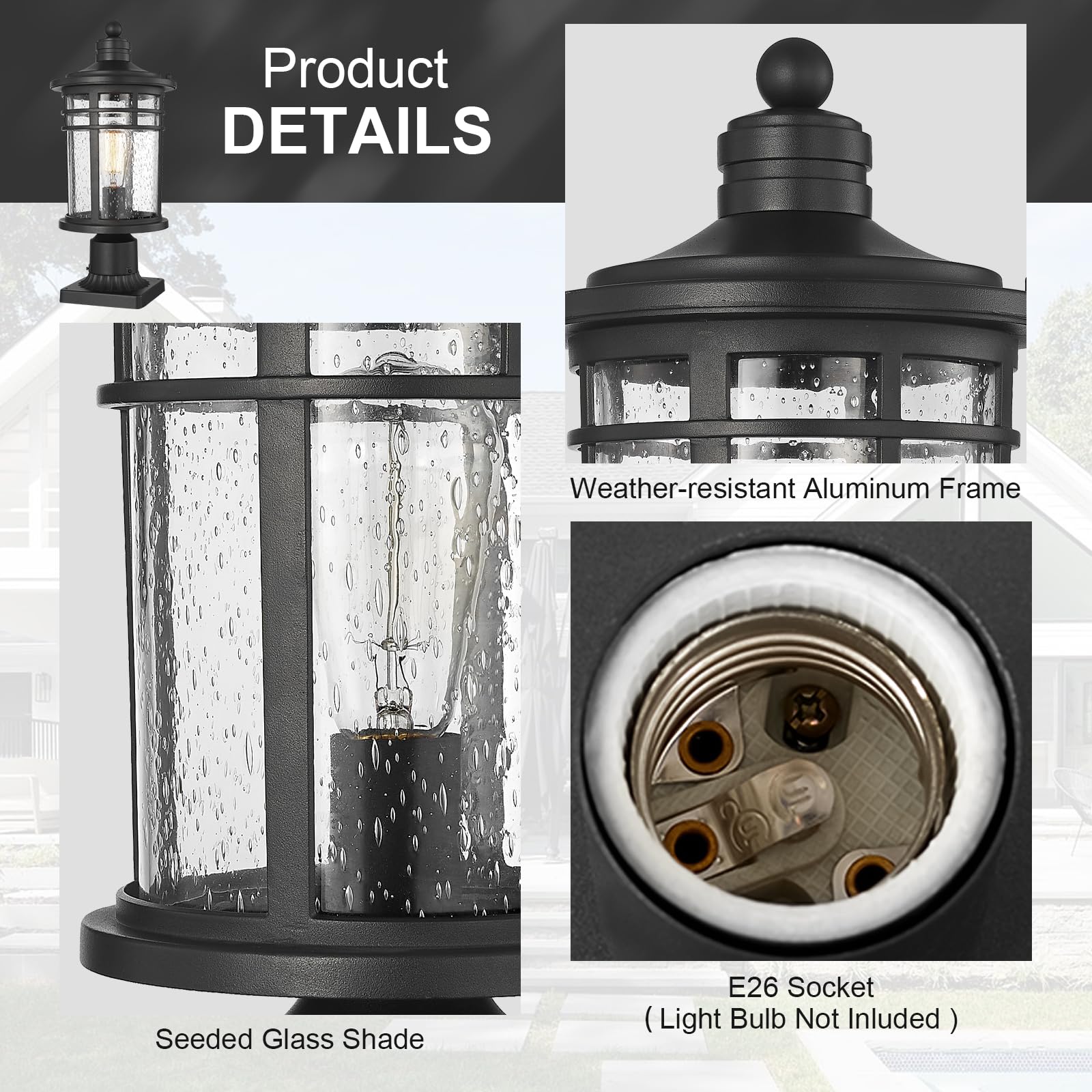 Darkaway Large Outdoor Post Lights Lamp Posts Outdoor Lighting, 17inch Aluminum Post Lights Waterproof Outdoor Light Fixtures with Glass, Light Posts for Outside Patio Yard (Large, Black)