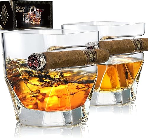 YouYah - Juego de 2 vasos de whisky de cigarros con soporte para puros, juego de vasos de whisky de cristal con reposo para puros para brandy,