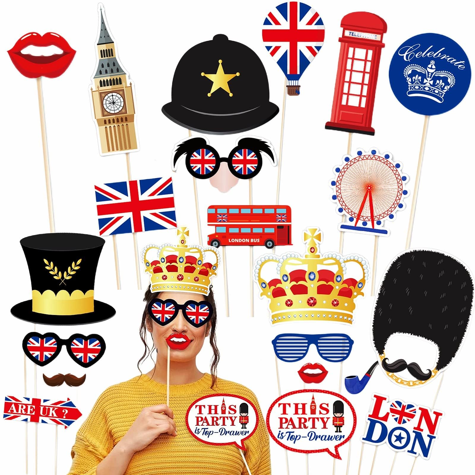 Union Jack Photo Booth Props,25Pcs United Kingdom UK Flag Photo Props,Great British Party Props Selfie Props for VJ Day 80th Anniversary Decorations 2025,Union Jack Party Supplies