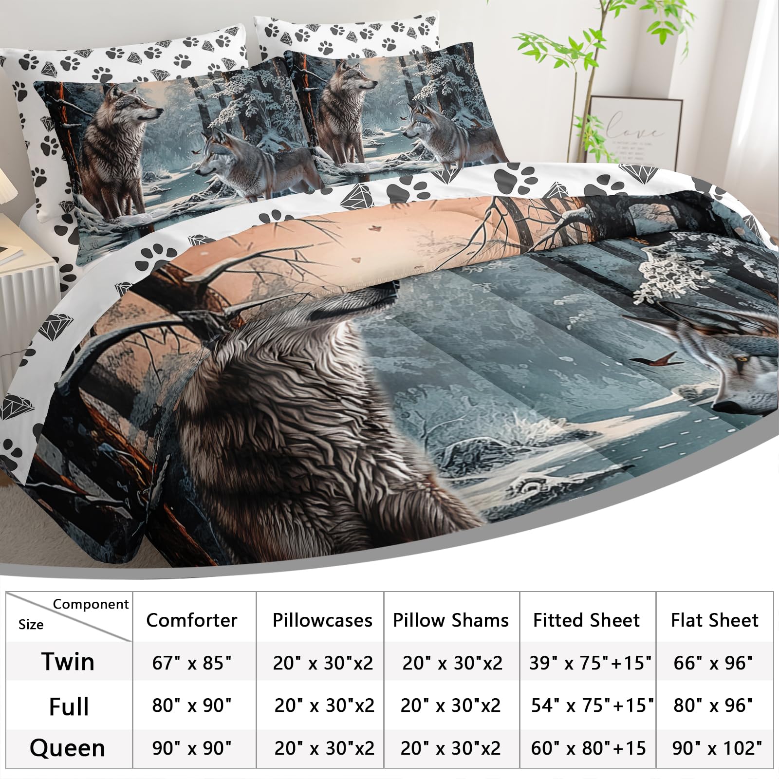 AILONEN Snow Wolf Comforter Set Full Size,7-Piece Soft Bed in a Bag,Snowfield Forest Animals Printed Comforter & Fitted Sheet & Flat Sheet & 2 Pillowcases,2 Pillow Shams for Kids Boys Adults