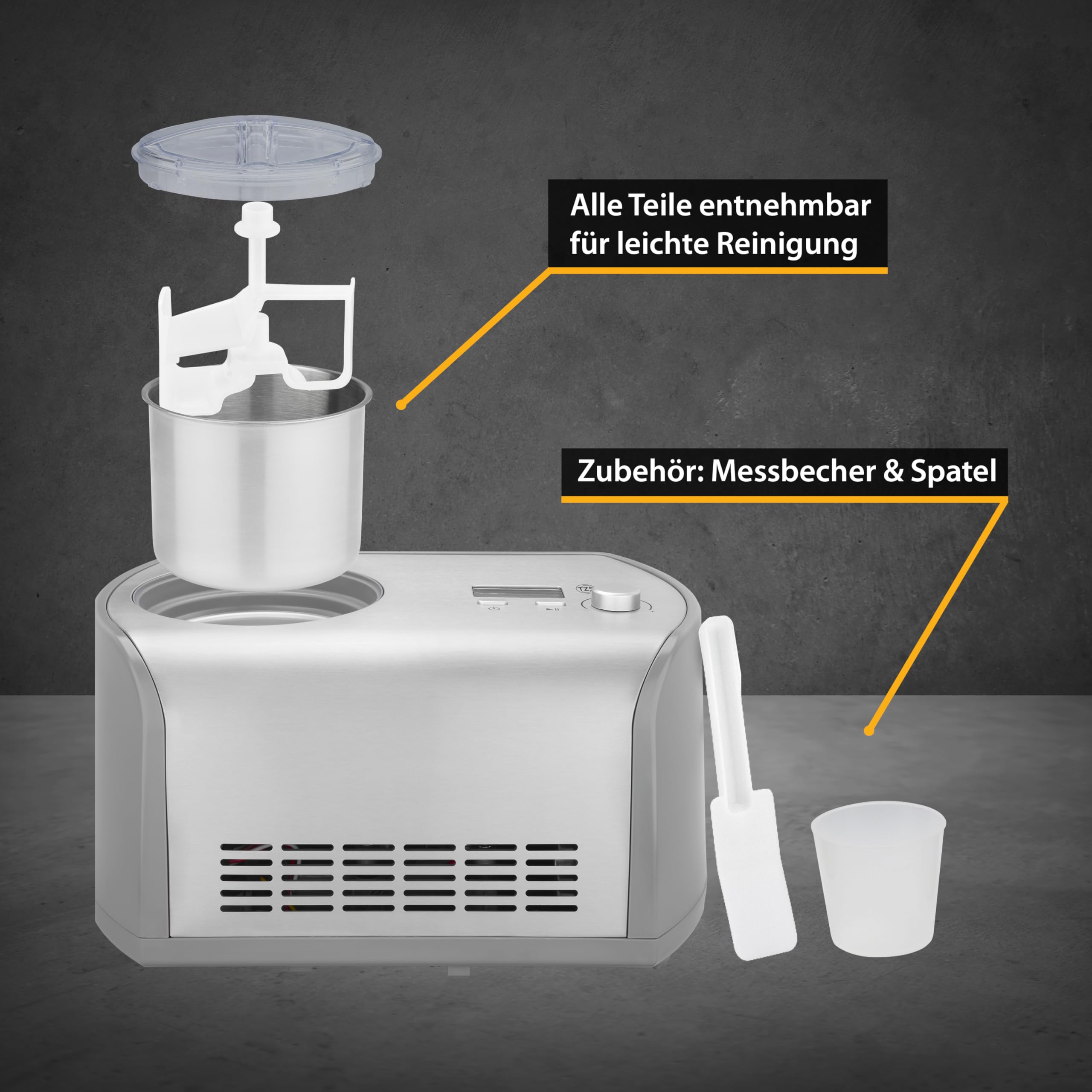 TZS First Austria - Eismaschine 1,2L - 135W - Kompressor & Kühlfunktion - Speiseeisbereiter für Milcheis, Sorbet oder Frozen Yogurt - Edelstahl-Behälter - Grau