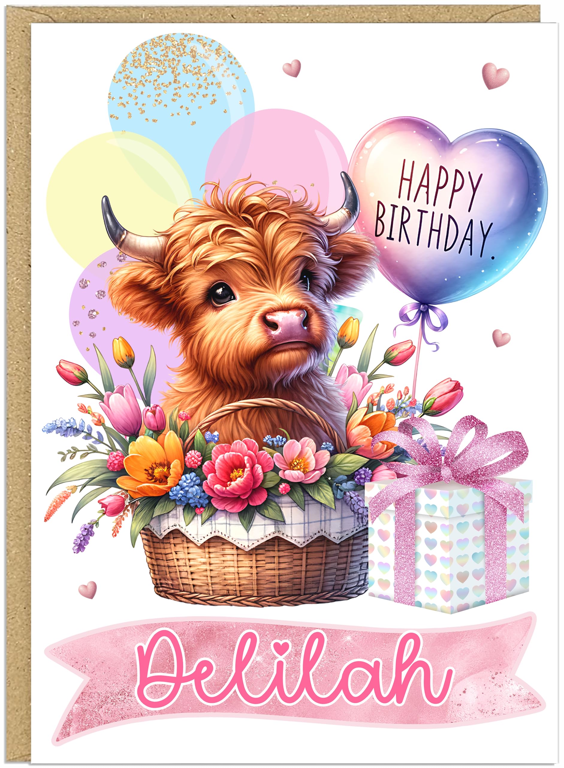 Personalised Cute Animal Happy Birthday Cards for Girls Kids Teens - Custom Own Name - Bunny Cat Deer Dog Elephant Giraffe Highland Cow Panda Unicorn Designs A5 (Highland Cow)