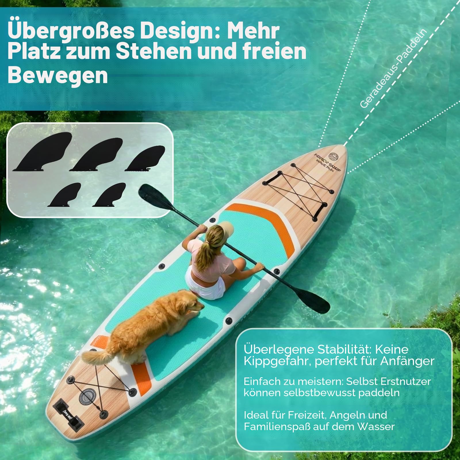 366cm x 90cm Aufblasbares Stand Up Paddling Board mit Kajaksitz, 250kg Sup Paddle Board for Adults with Pump, Fins, Backpack, Accessories & Waterproof Phone Pouch for Fishing, Yoga, Touring