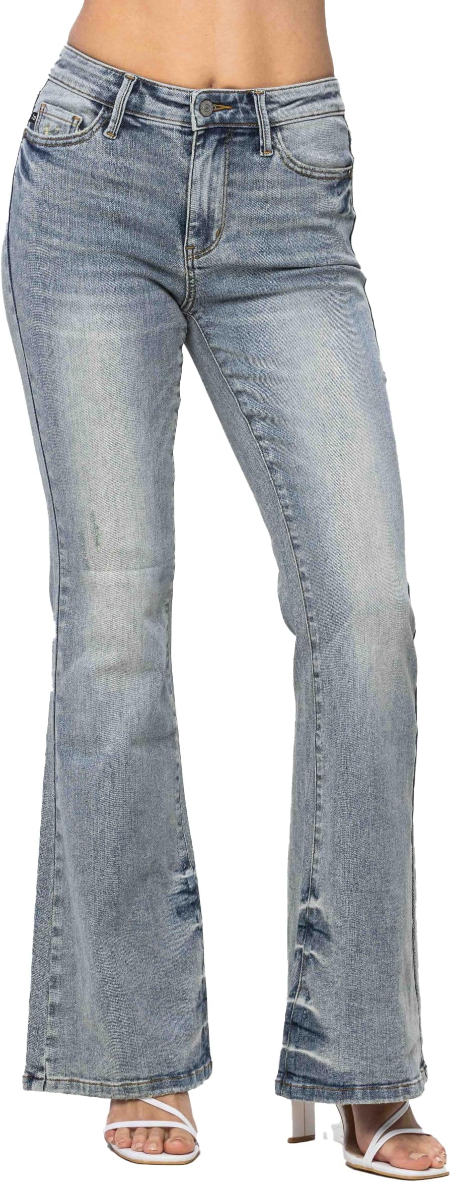 Judy BlueWomen's Mid-Rise Tinted Pin Tack Detail Flare Leg Jeans