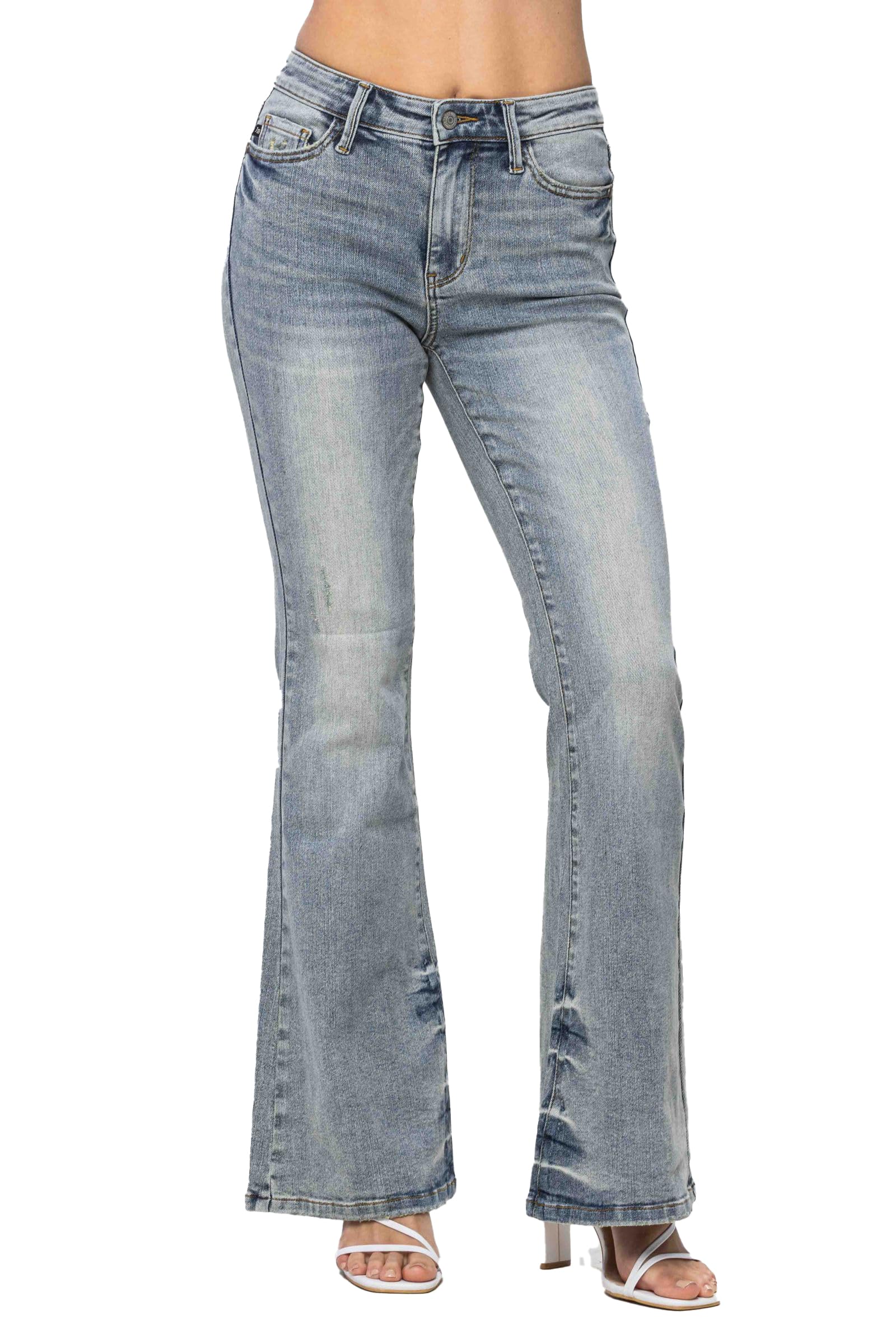 Judy BlueWomen's Mid-Rise Tinted Pin Tack Detail Flare Leg Jeans