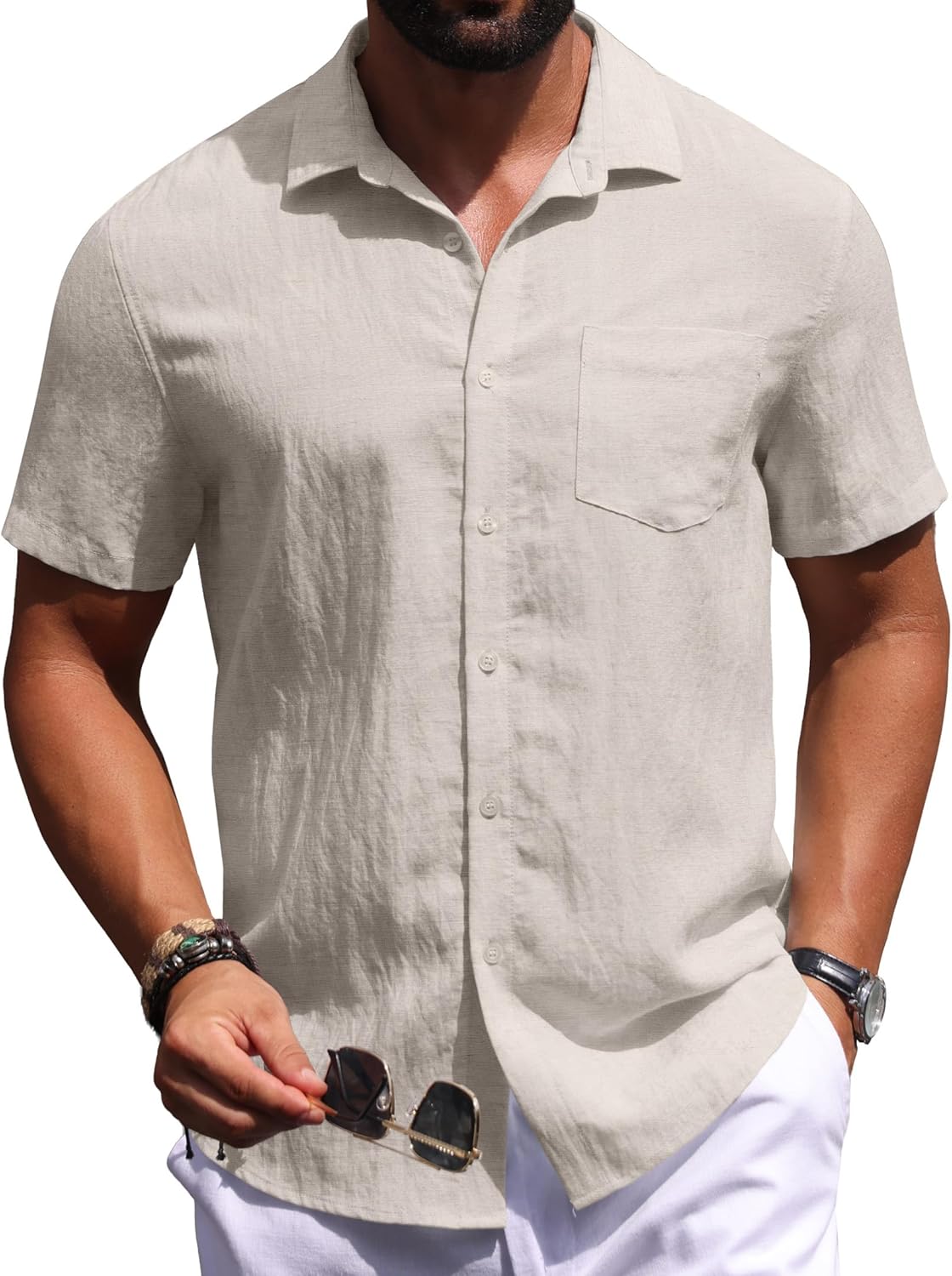 Sailwind Men's Linen Button Down Shirts Short Sleeve Casual Lightwetght Beach Summer Vacation Shirt with Pocket - Image 3