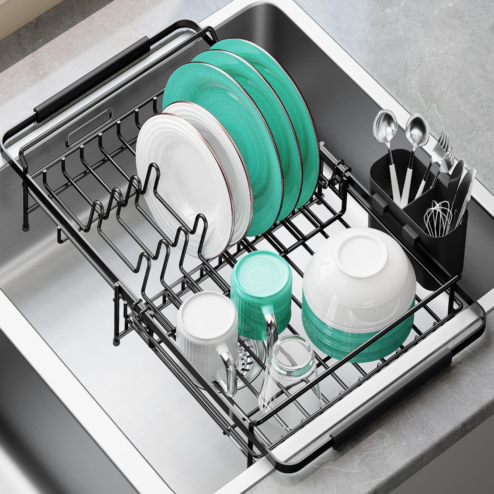Égouttoir à Vaisselle Extensible Urackify - Acier Inox 304 - Multifonction Avec Porte-Gobelet