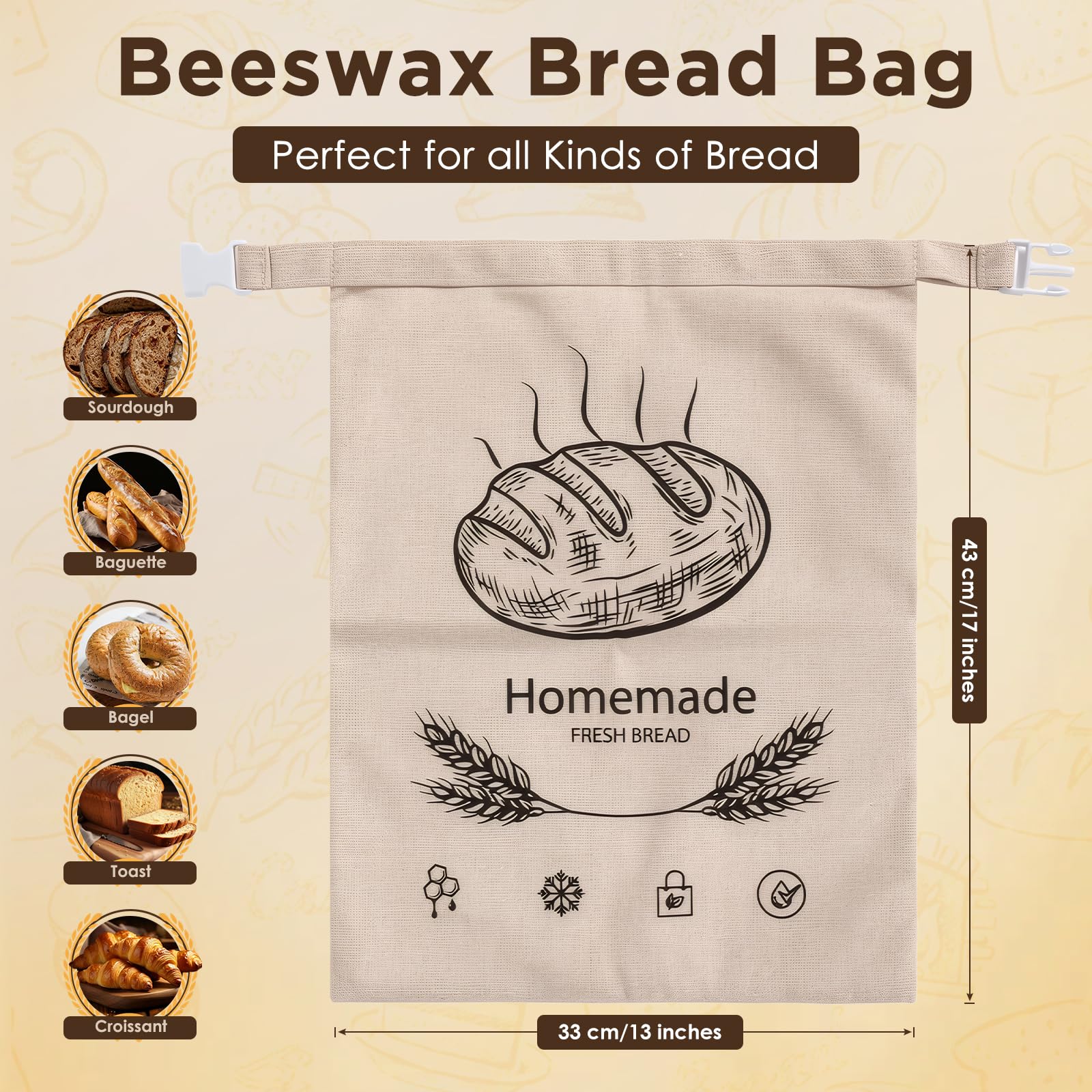Lot di 2 Sacchetto Pane Cera D'api con Zip, 43×33 cm Sacchetti per Pane in Cera D'api, Congelatore, per Pane a Lievitazione Naturale Fatto in Casa