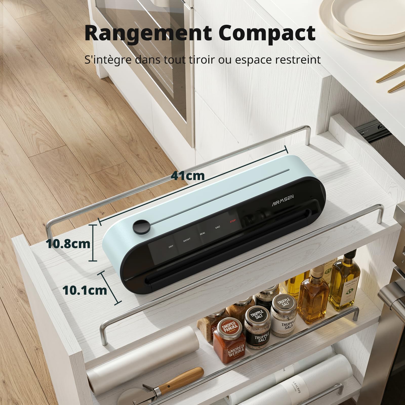 AIRMSEN Machine sous Vide 6-en-1 Entièrement Automatique avec Fonction de Gonflage, Aspiration Profonde Automatique, Coupe-sac Intégré et Rangement de Tuyau, Modes Sec & Humide, Vert Menthe