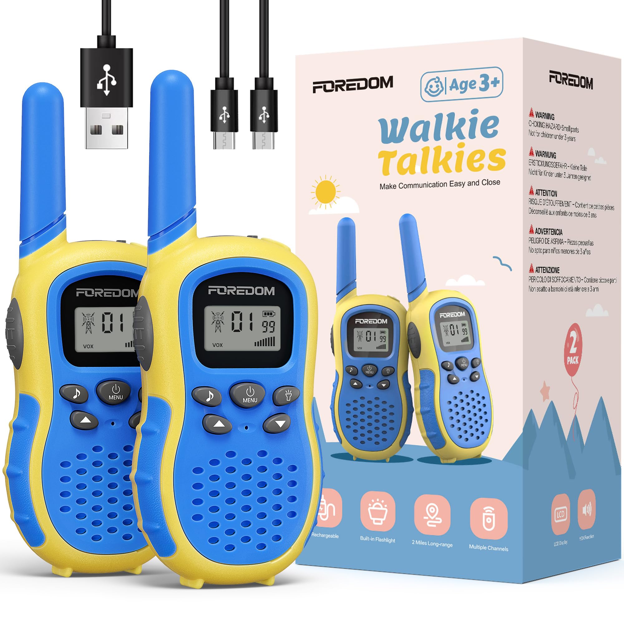 FOREDOM Wiederaufladbare Walkie Talkies für Kinder Walkie Talkies Funkgeräte Set 3-12 Jahre alte Jungen & Mädchen Spielzeug mit Taschenlampe, Abenteuer, Camping, Wandern – 2er Set