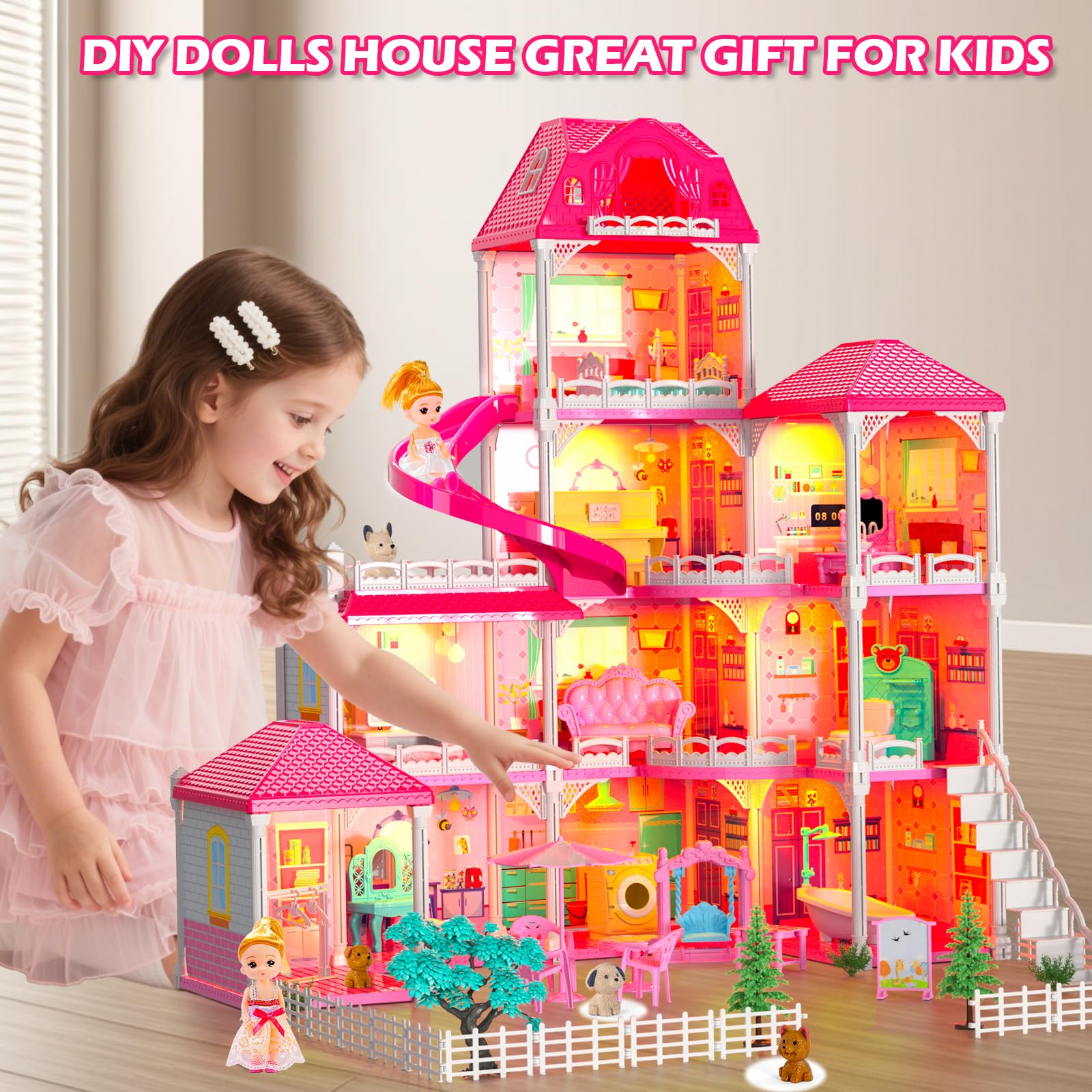DIY Dolls House for Girls - 4-Level 10-Room Villa with 2 Dolls, 4 Dogs & Rich Accessories, DollsHouse Toys for Kids 4-8 Years Old