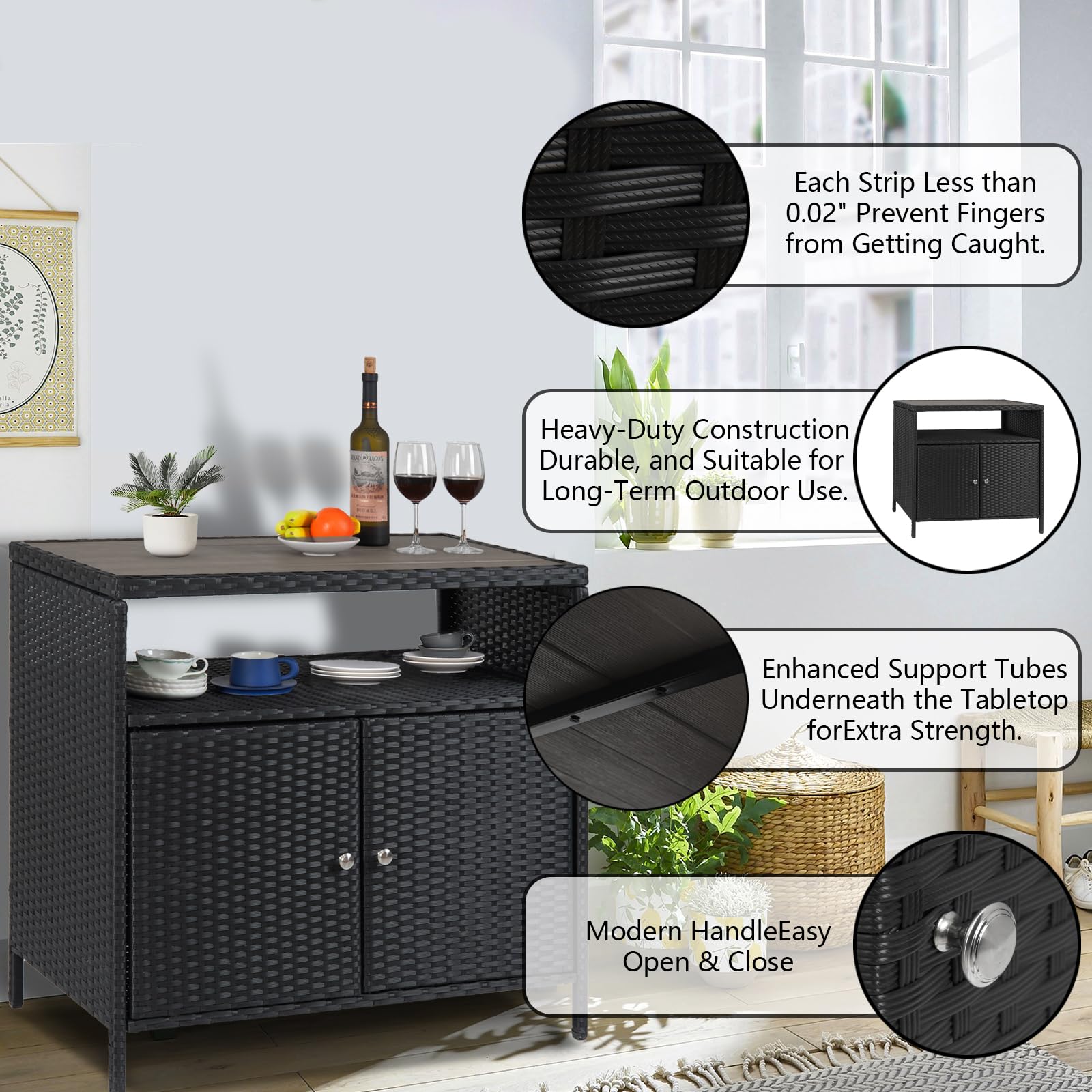 GarveeLife Outdoor Schrank aus PE Rattan mit Ablagefläche, wasserabweisender Aufbewahrungsschrank für Terrasse Balkon, Schwarz