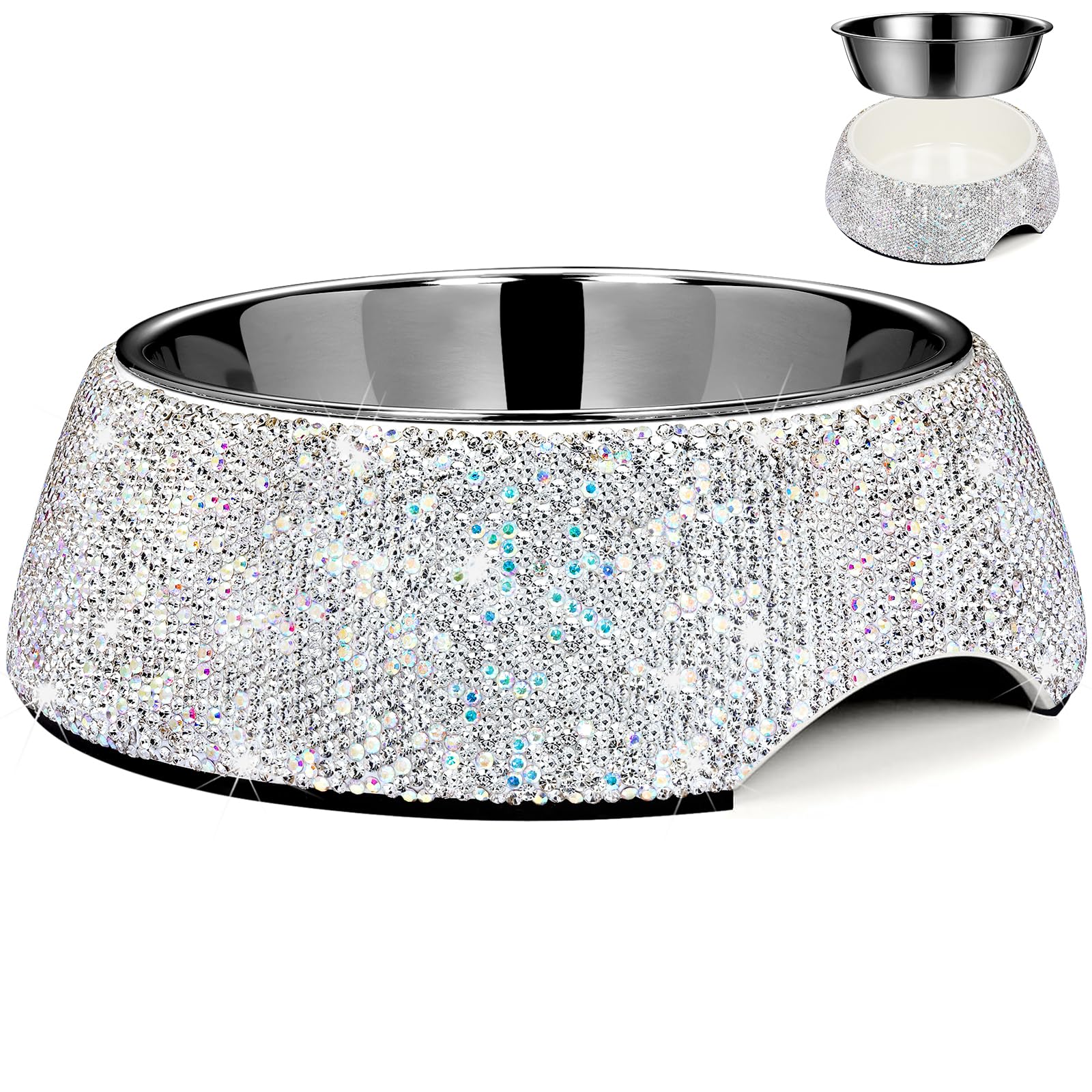 SlowVibes Bling Stainless Steel Dog Bowls,12oz Detachable Rhinestone Metal Food Water Bowl for Feeding Dogs Cats,Rust Resistant Non-Slip Puppy Dish,Sparkle Essentials for Small Medium Large Girl Pets