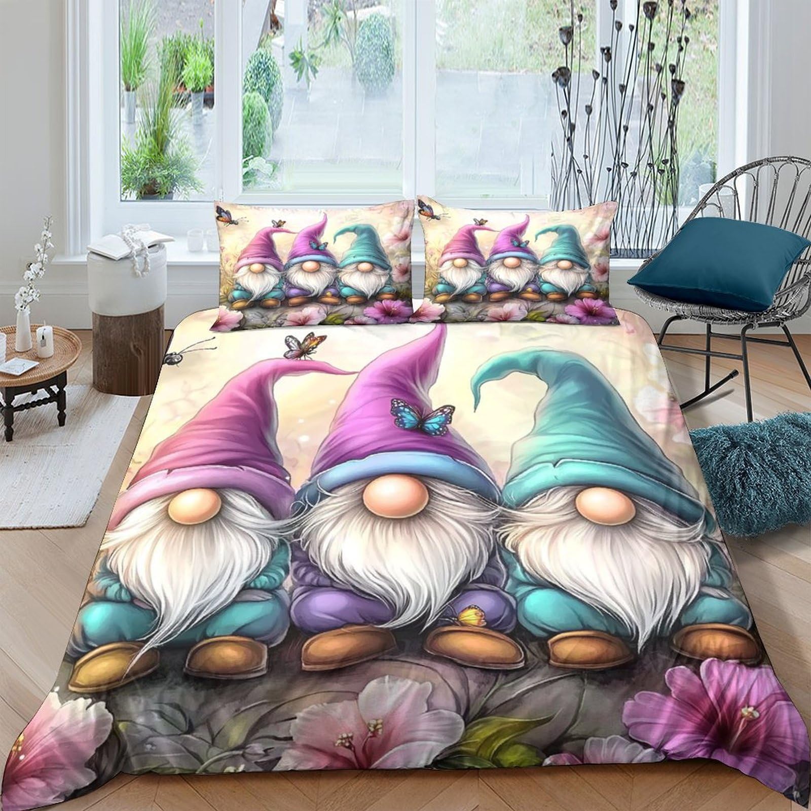 GPLZQXKJNH 3D Printed Colourful Gnome Duvet Cover Microfiber Soft Breathable Floral Quilt Cover Set with 2 Pillowcases for Bedroom Decor Single（135x200cm）