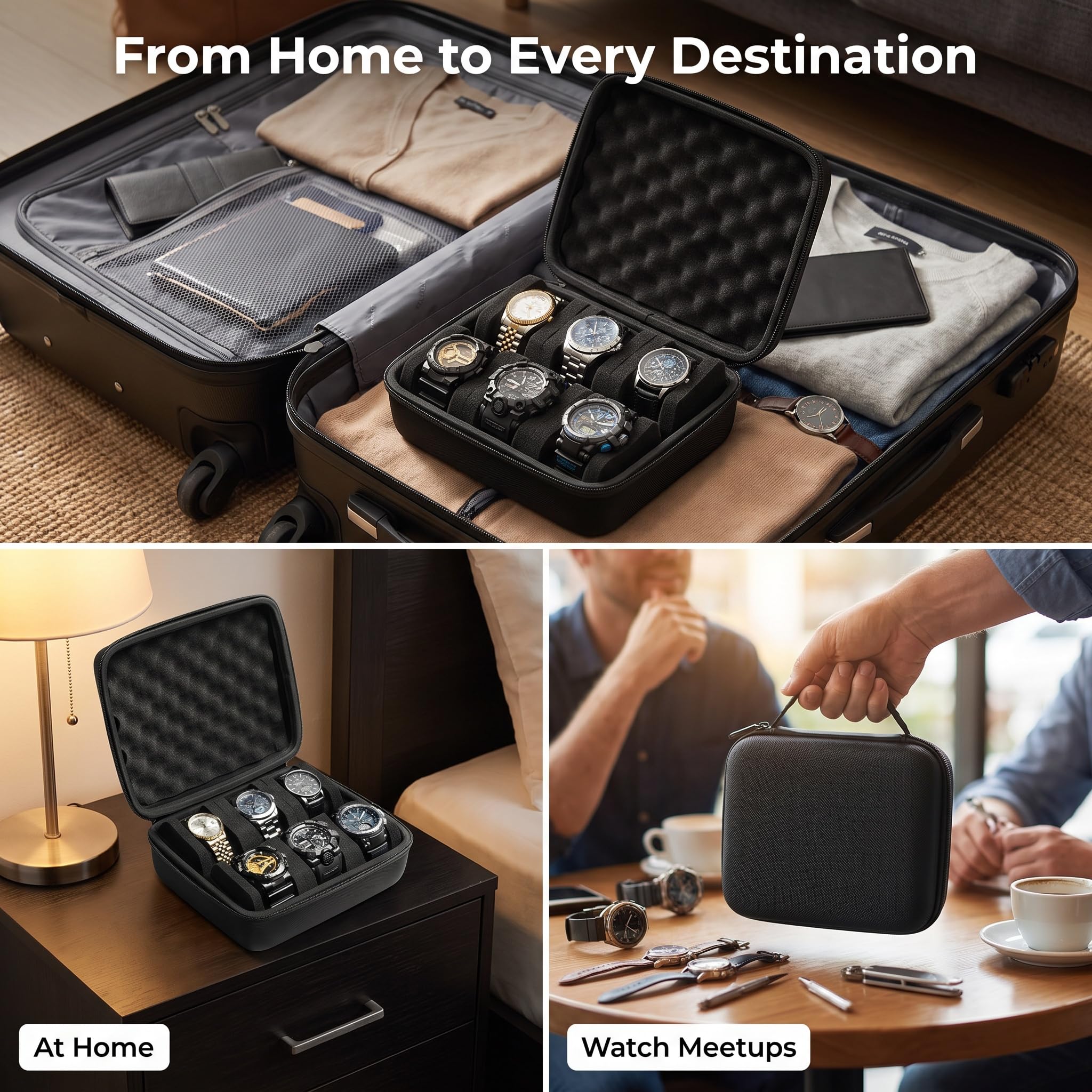 Étui de voyage rigide à 6 emplacements pour montres pour homme, boîte rigide pour affichage et organisation (noir, 6 emplacements avec 2 compartiments)