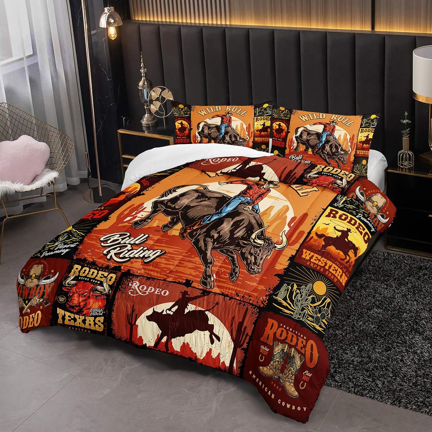 Western Cowboy Comforter Set Full Size, Red Retro Animal Cow and Cactus Theme Printed Pattern for Boys Men Bedroom, 3 Pcs Bedding Set Room Decor with 2 Pillowcases