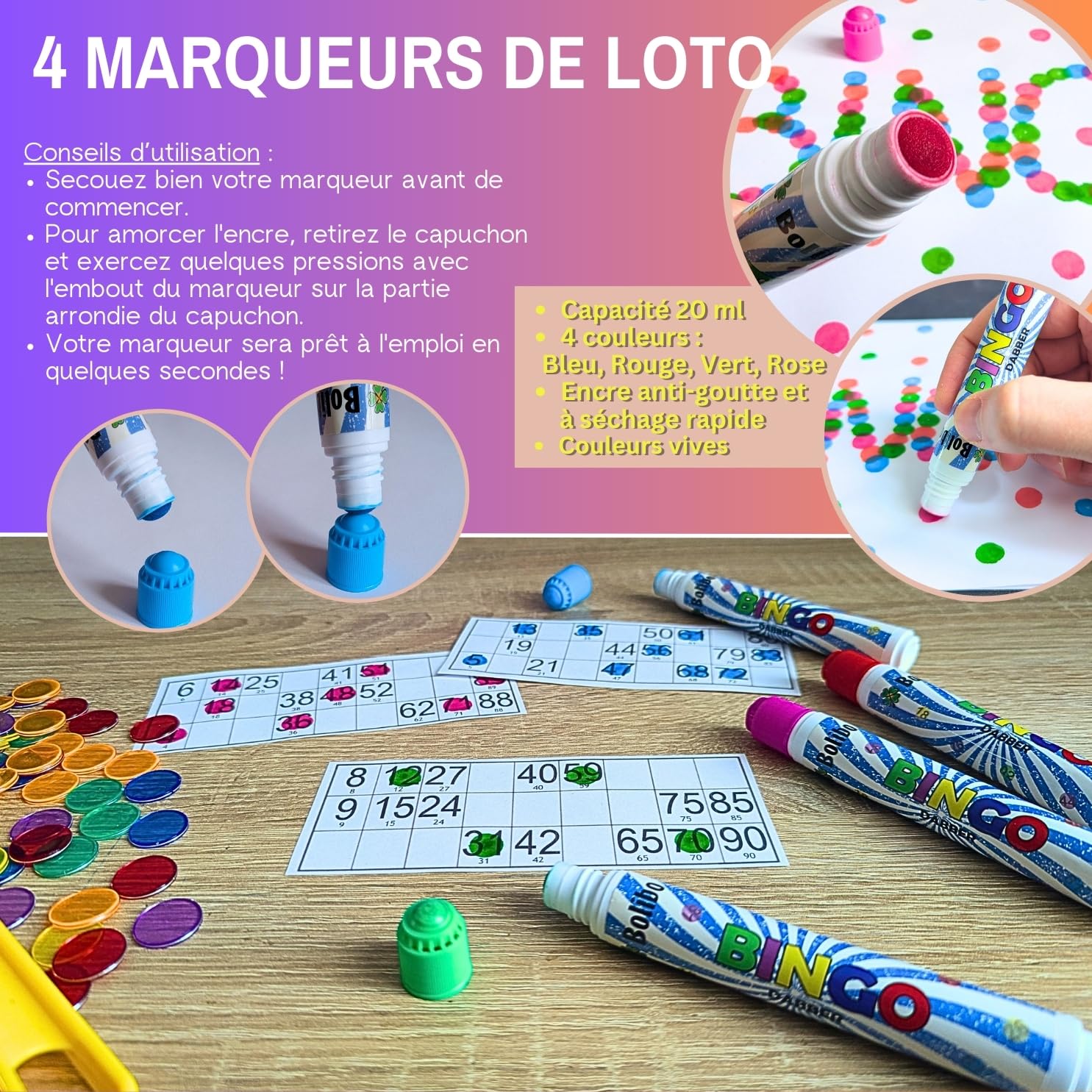Bolibo Kit 5 en 1 SPÉCIAL Bingo - 1 Sac, 1 Trousse, 4 Marqueurs Bingo, 1 Bâton magnétique et 200 Pions magnétiques - Tous Les Accessoires indispensables pour Les passionnés de Loto/Bingo