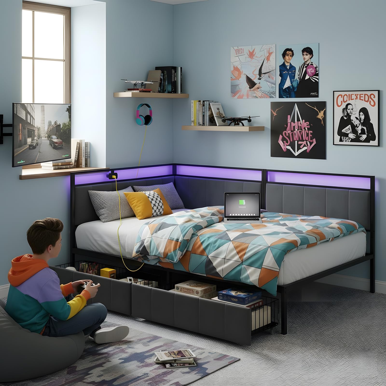 Sofá Cama de 90x200 cm con Luz LED,2 Cajones de Almacenamiento, Cabecero Tapizado en Tela, Puerto USB, Somier de Lamas Metálicas – Cama Individual para Adultos, Niños, Salón o Dormitorio–Gris