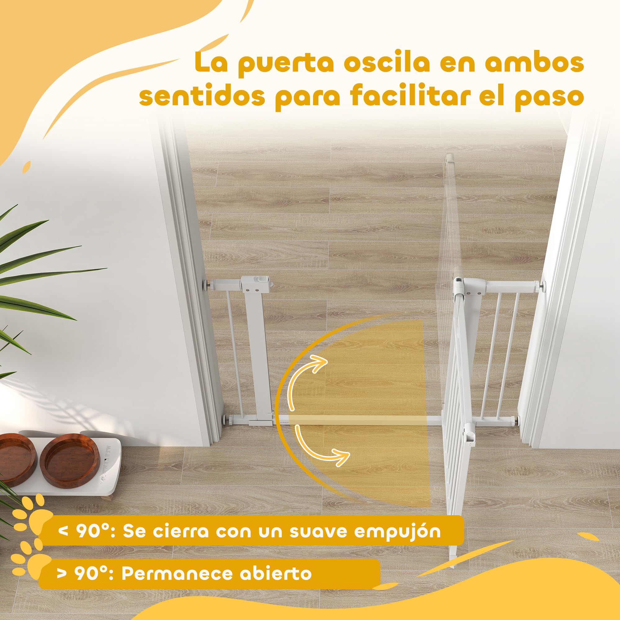 PawHut Barrera para Perros con Cierre Automático, Puerta para Perros 76-104 cm, Barrera de Seguridad con 2 Extensiones 7/14 cm, Fácil Montaje, Doble Bloqueo, para Escaleras y Puertas, Blanco