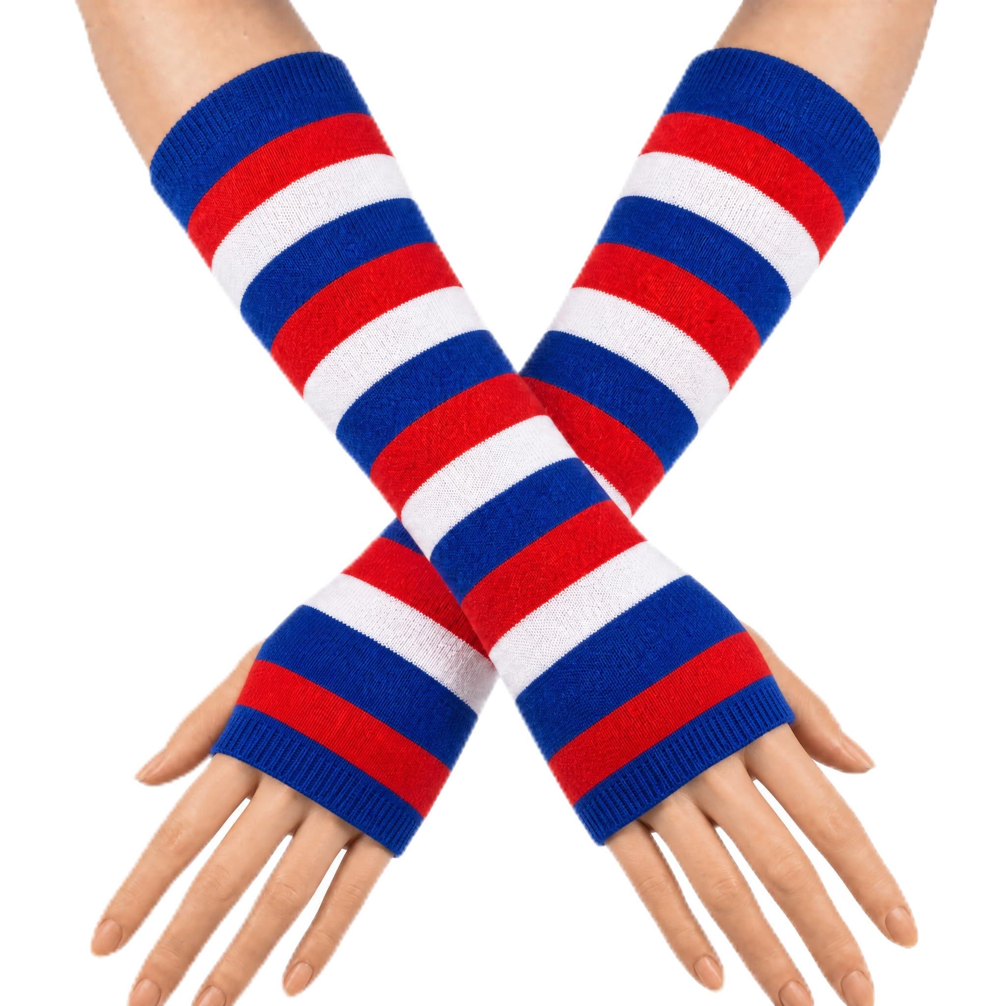 Leryavow Striped Punk Gothic Rock Long Arm Warmer Fingerless Gloves K Blue White Red