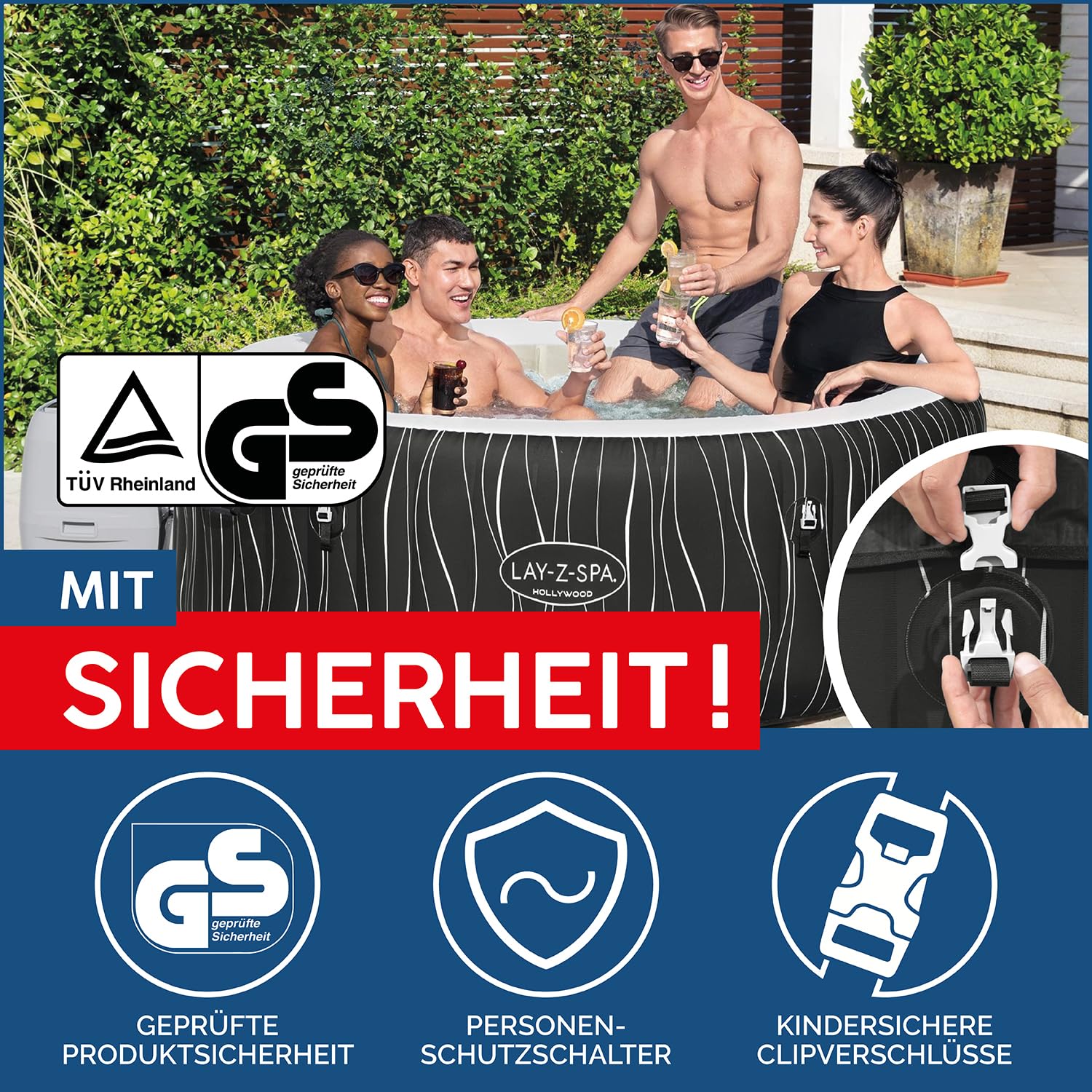 Bestway Lay-Z-Spa Hollywood LED-Whirlpool 6 Personen, Ø 196x66 cm | 140 AirJet-Düsen, LED-Leuchtstreifen mit Fernbedienung, Heizung bis 40°C, 4 Schaumkissen