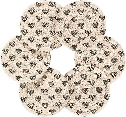 Miniatura 2 de innewgogo Hearts Valentines Day 6 Pcs Absorbent Drink Coasters for Tabletop Protection Handmade Round Woven Coaster with Holder & Heat Water