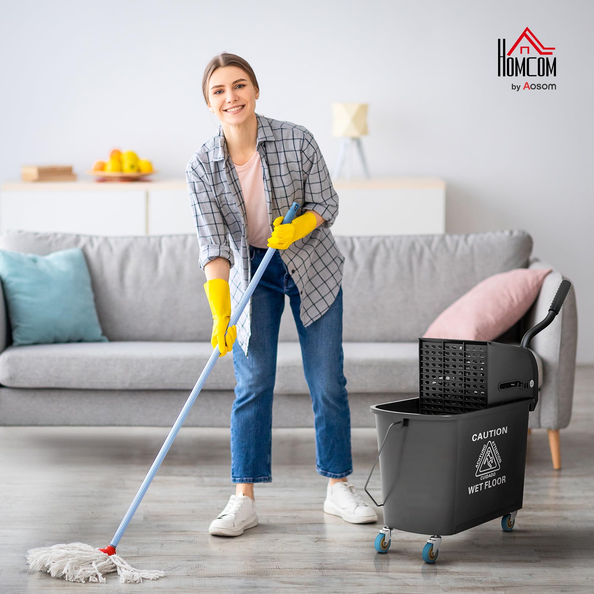 HOMCOM Cubo de Fregona con Ruedas Capacidad de 20 L Cubo de Fregar con Sistema de Escurridor Ruedas y Asa de Transporte para Doméstico y Comercial Negro