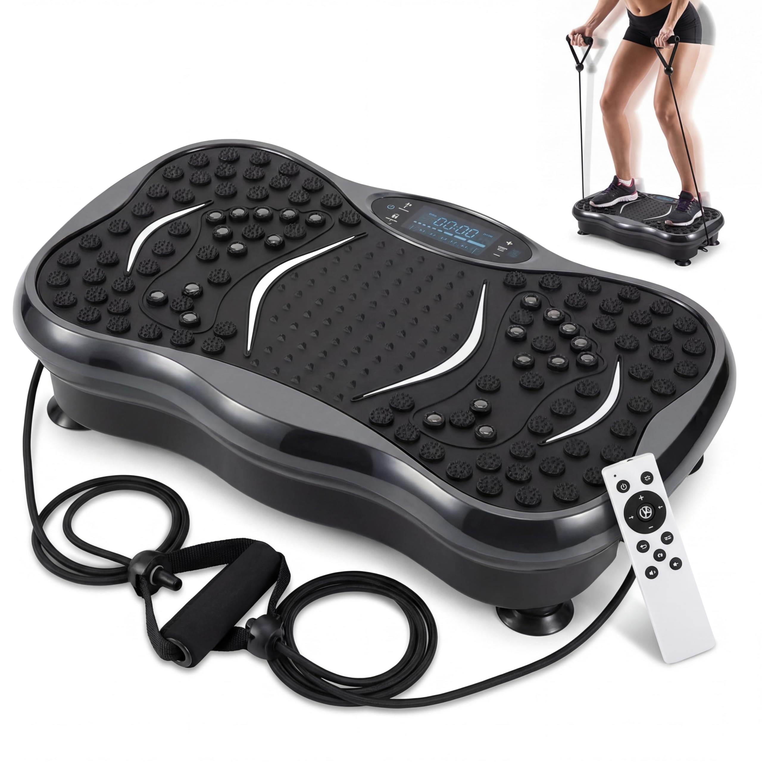 Spark Magnetic Vibration Plate Exercise Machine with Bluetooth Speakers, 5 Program Modes, Resistance Bands, Black and Gray