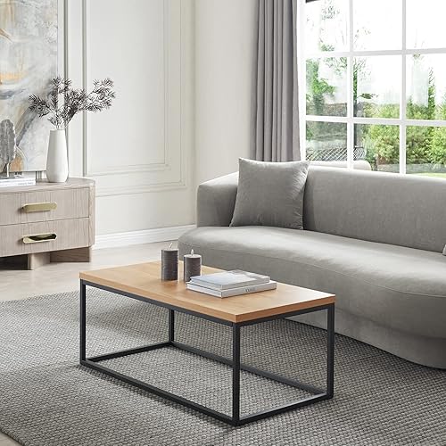 Miniatura 5 de CENSI Mesa auxiliar de roble natural de 40 pulgadas para sala de estar, mesa de cóctel industrial moderna con patas de metal negro, mesa central