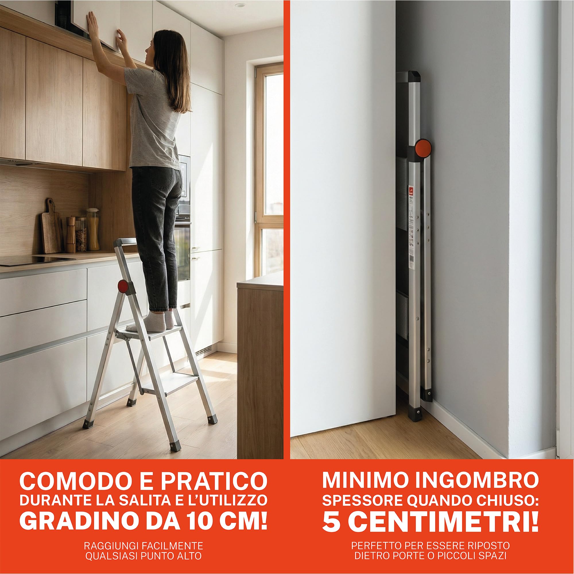 GIERRE Scaletta 2 Gradini Pieghevole Salvaspazio 90H x 41 cm Scala Alluminio con Gradini Zigrinati Profondi 10 Cm Scaletta Pieghevole con Piedini Antiscivolo e Comoda Piattaforma da 30,5 cm