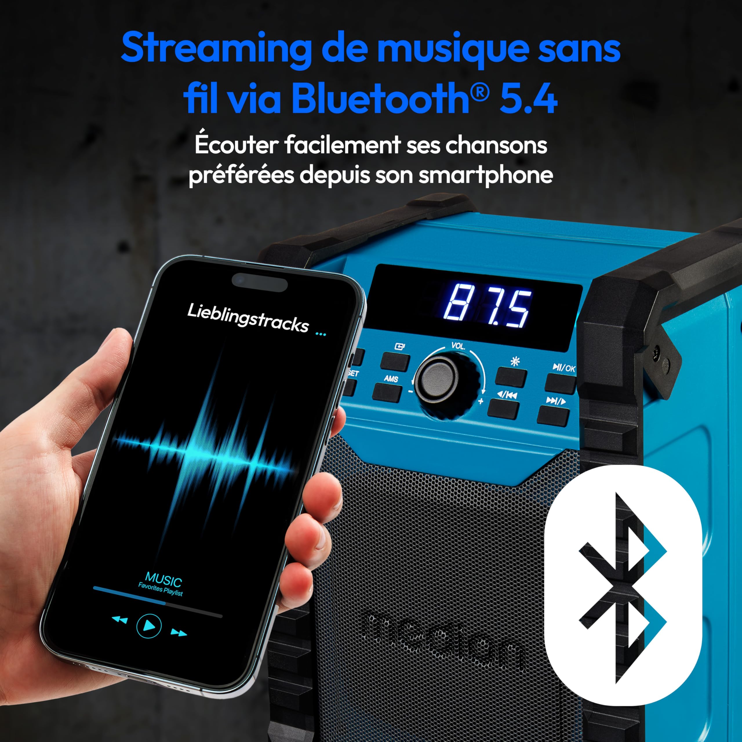MEDION E65895 Radio de Chantier avec Batterie (boîtier Robuste, poignée de Transport, Bluetooth, Protection Contre Les éclaboussures (IP54), Radio FM, AUX) Vert
