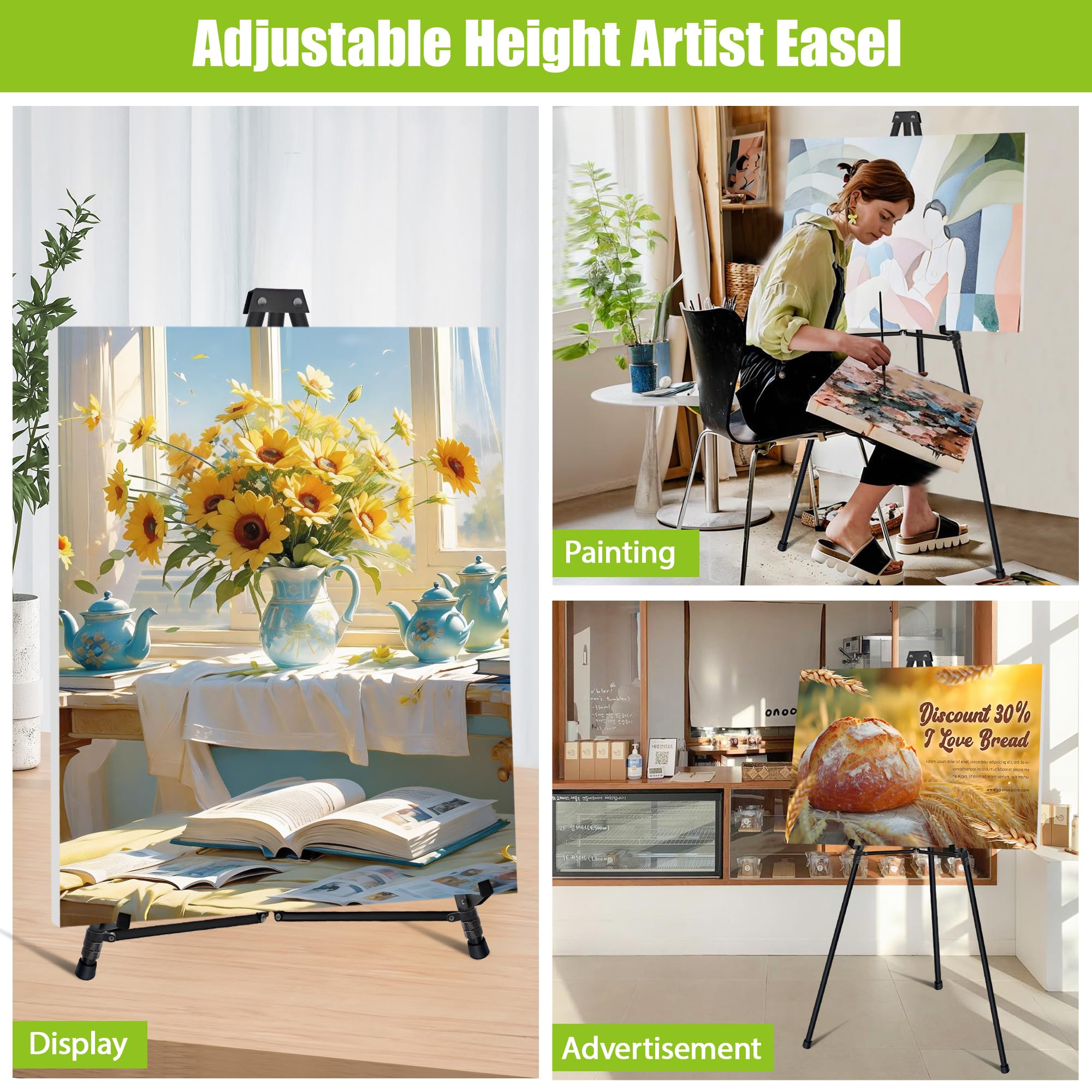 4 Stück Staffelei Höhenverstellbar 160 cm, Teleskopische Aluminium Atelier-,Künstler- und Bodenstaffelei, tragbar, Leinwandständer, Bilderständer Hochzeit, Malerei, Poster, Skizzieren, Schwarz