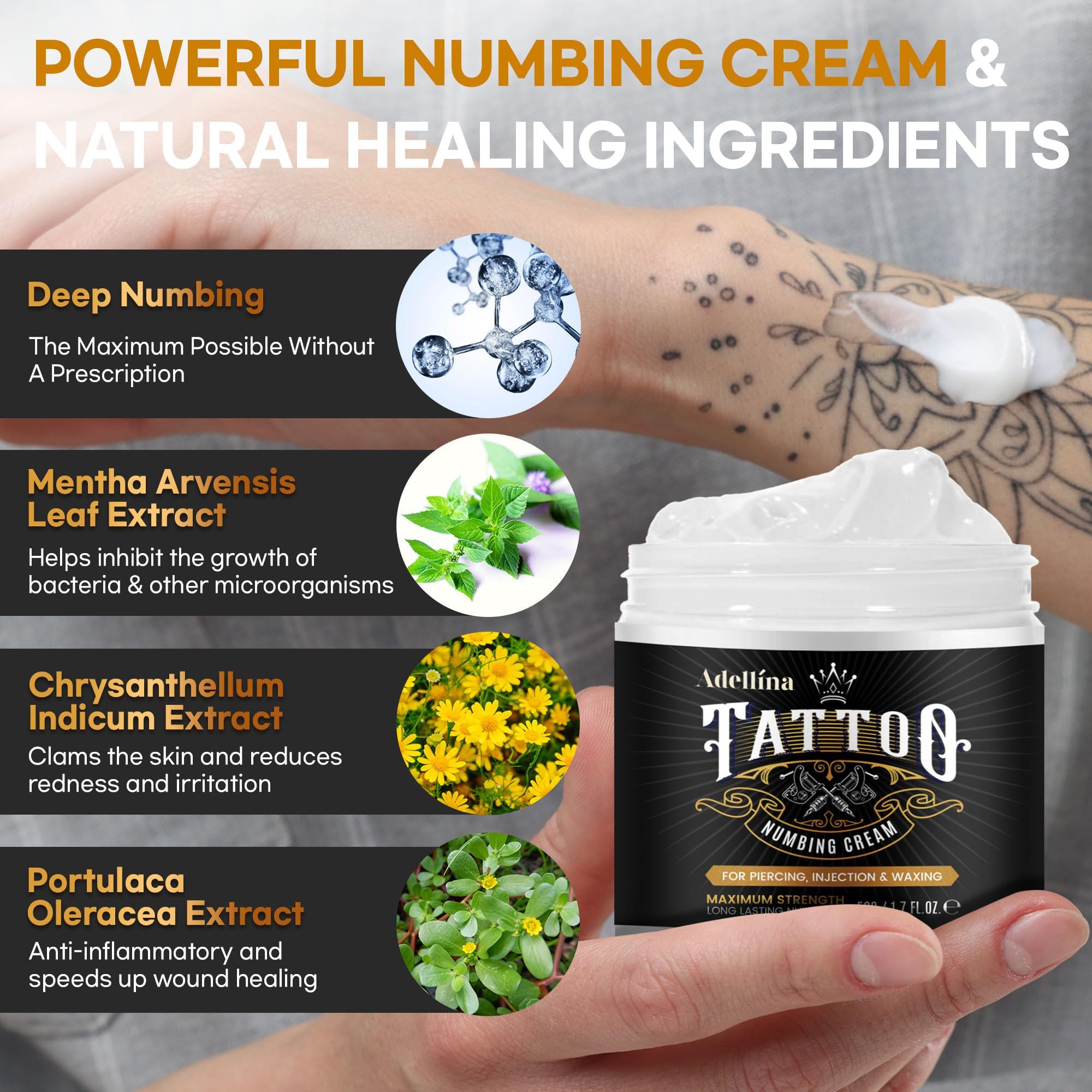 Adellina Tattoo Numbing Cream for Tattoos, Maximum Strength Numbing Cream for Men and Women, 50g/1.7oz — view 7