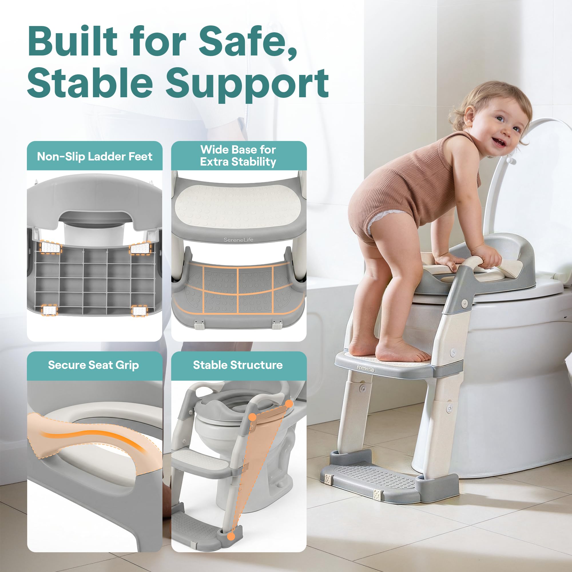 SereneLife 2-in-1 Potty Chair & Potty Training Seat with Step Stool Ladder - Height Adjustable Kids/Toddler Toilet Seat with Stable Anti-Slip Design, Cushioned Seat & Splash Guard For Boys Girls - 5