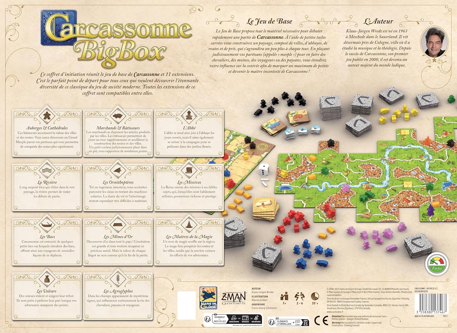 Asmodee Big Box Carcassonne Hans im Glück - Caja de iniciación - Juego básico y 11 Extensiones - Clásico Juego de Mesa para Familia a Partir de 7 años - Español | 7+ ans et plus - 2 à 6 jugadores - 45 à 60 minutos de jeu - Jeu de société - Jeu de strategi
