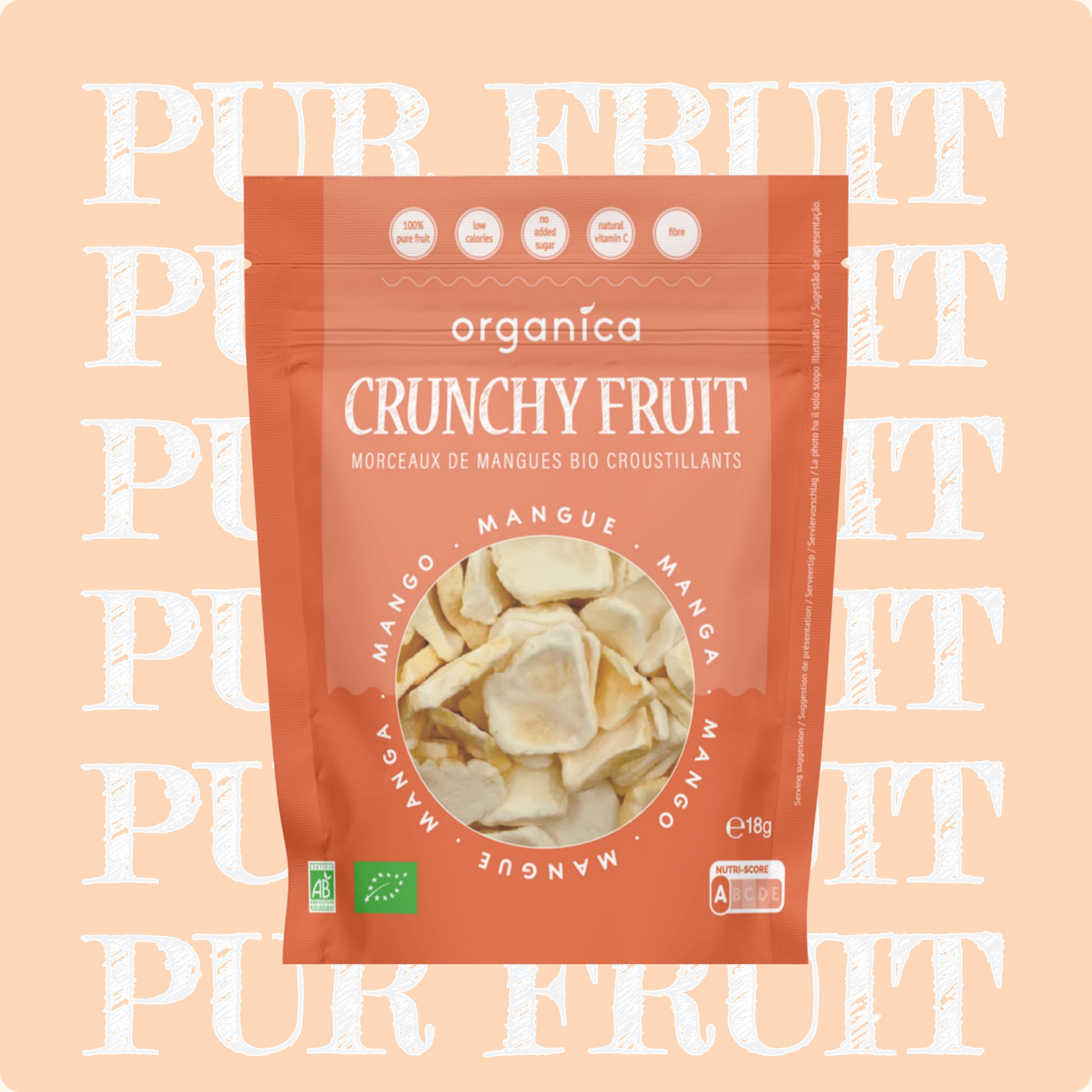 Organica Food Crunchy Mangues lyophilisées Bio 100% fruit – 5 sachets – Fruits lyophilisés snack croustillant vegan sans sucres ajoutés