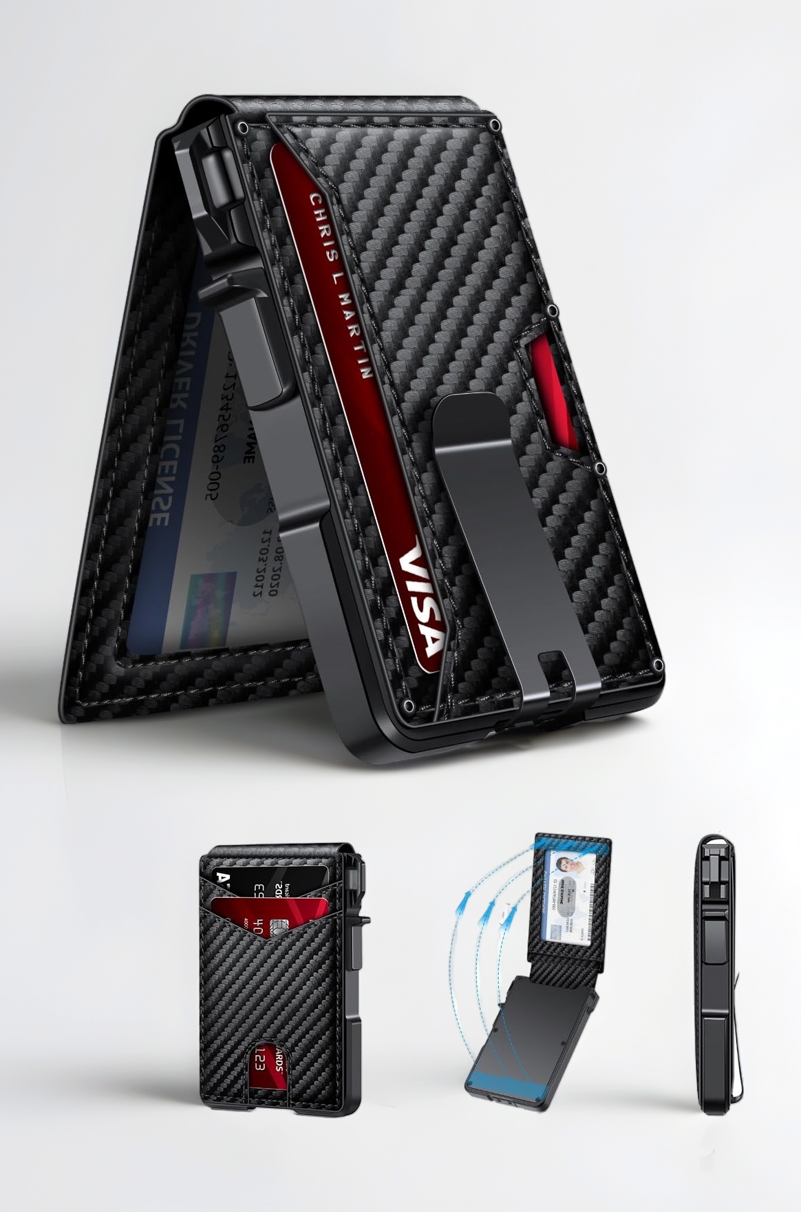 Men Leather Wallet , Minimalist Wallet 9-13 Cards, Slim Compact Wallet with Money Clip & ID Window, RFID Blocking Smart Pop Up Card Wallet, Metal Aluminum Credit Card Holder Bifold Wallet,Blue