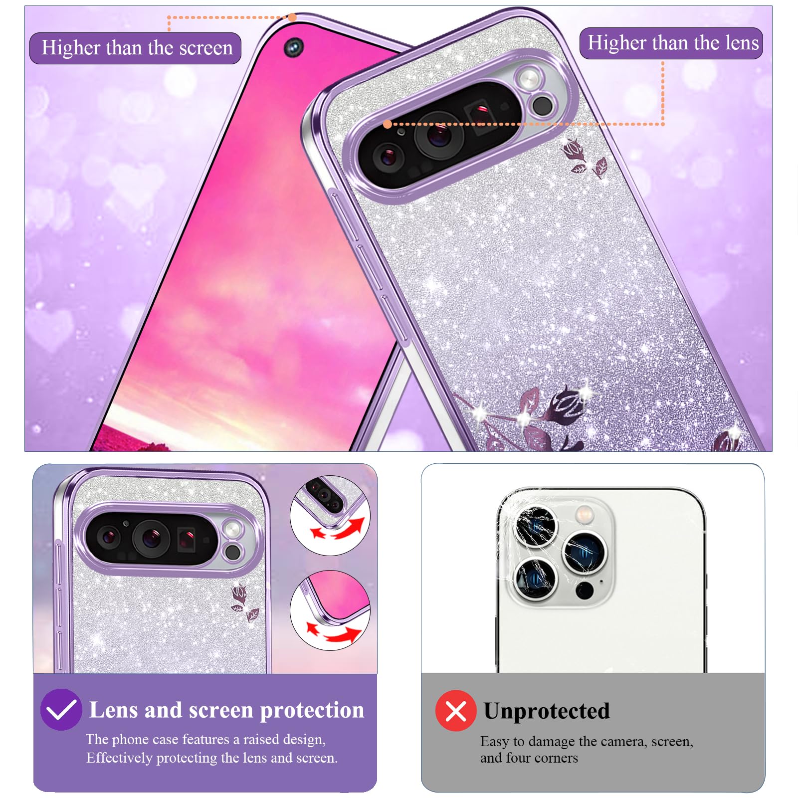 Glitzer-Handyhülle Für Google Pixel 6 – 2-in-1 TPU Case Mit Blumen & Diamanten, Durchsichtig Rosa/blau
