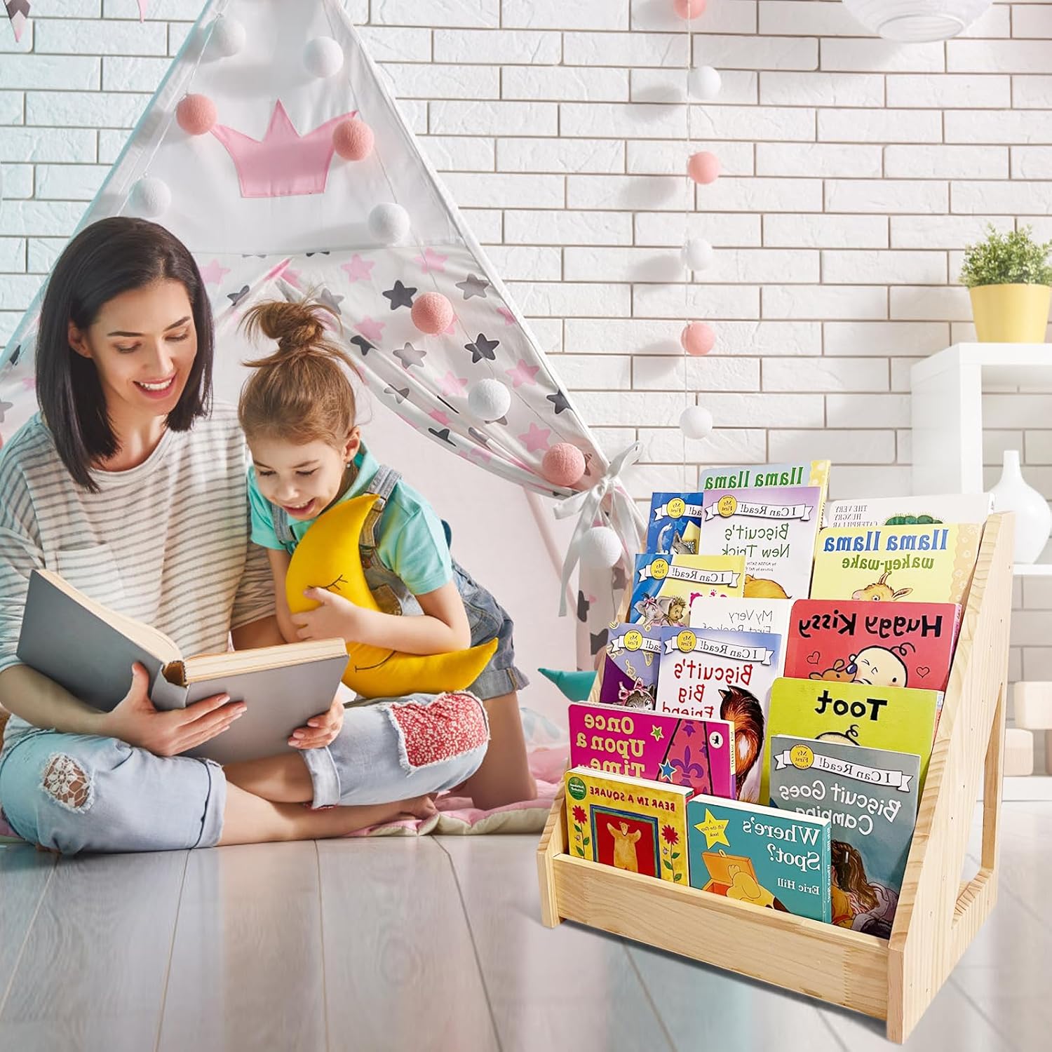 5-Tier Montessori Bookshelf - Front Facing Kids Bookshelf with Back Storage, Perfect for Toddler, Children's Room, and Reading Nook (Natural)