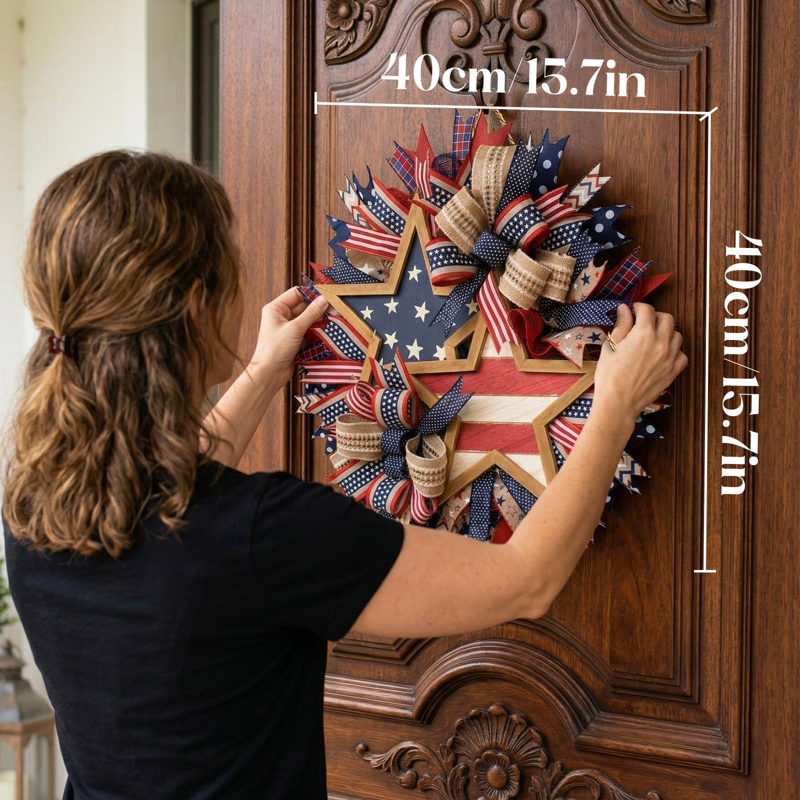 Condition photo showing As Is for 4th of july patriotic wreath 15.7 inch, american flag wreaths for front door, red white and blue weather farmhouse outdoor holiday decoration, memorial day independence day spring decor