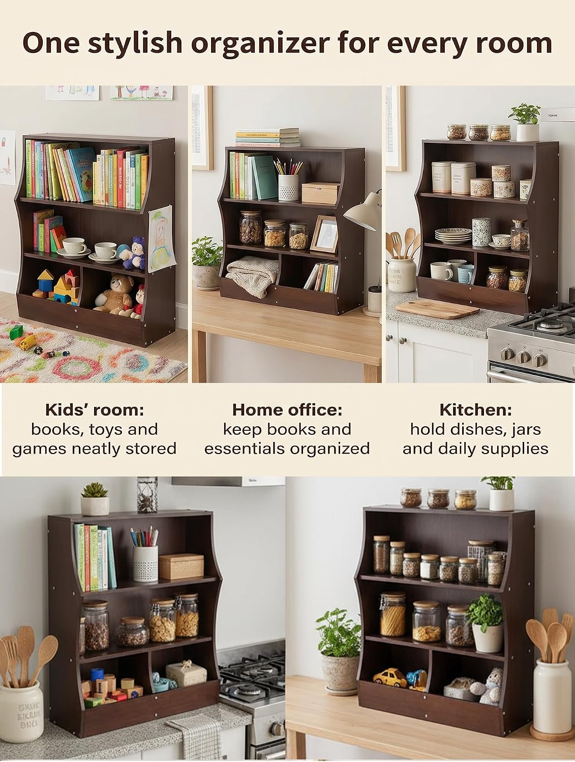 3 tier Coffee Mug Display Rack, 18" x 20" spice rack,storage shelf, Wood Countertop Organizer for small kitchens, pantries and coffee corners (Black Walnut)